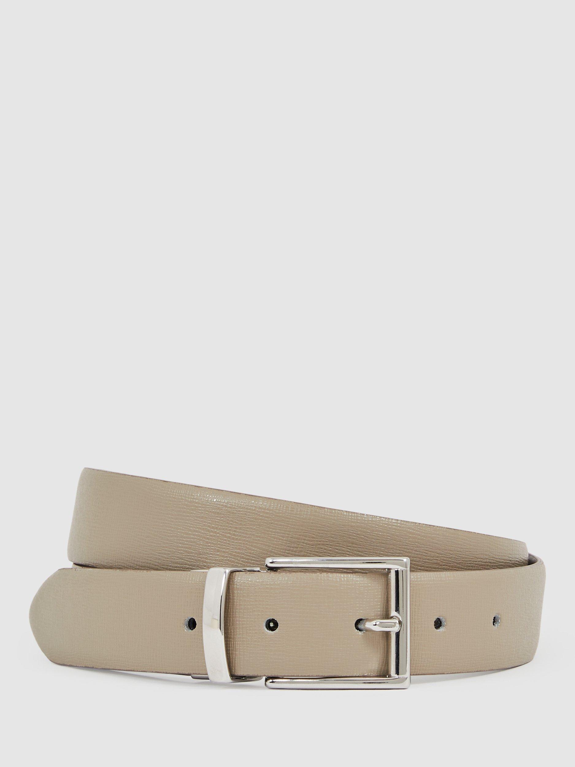 Product image 1 of 5, which shows Reiss Ricky Reversible Leather Belt, Stone/Dark Brown, 28R