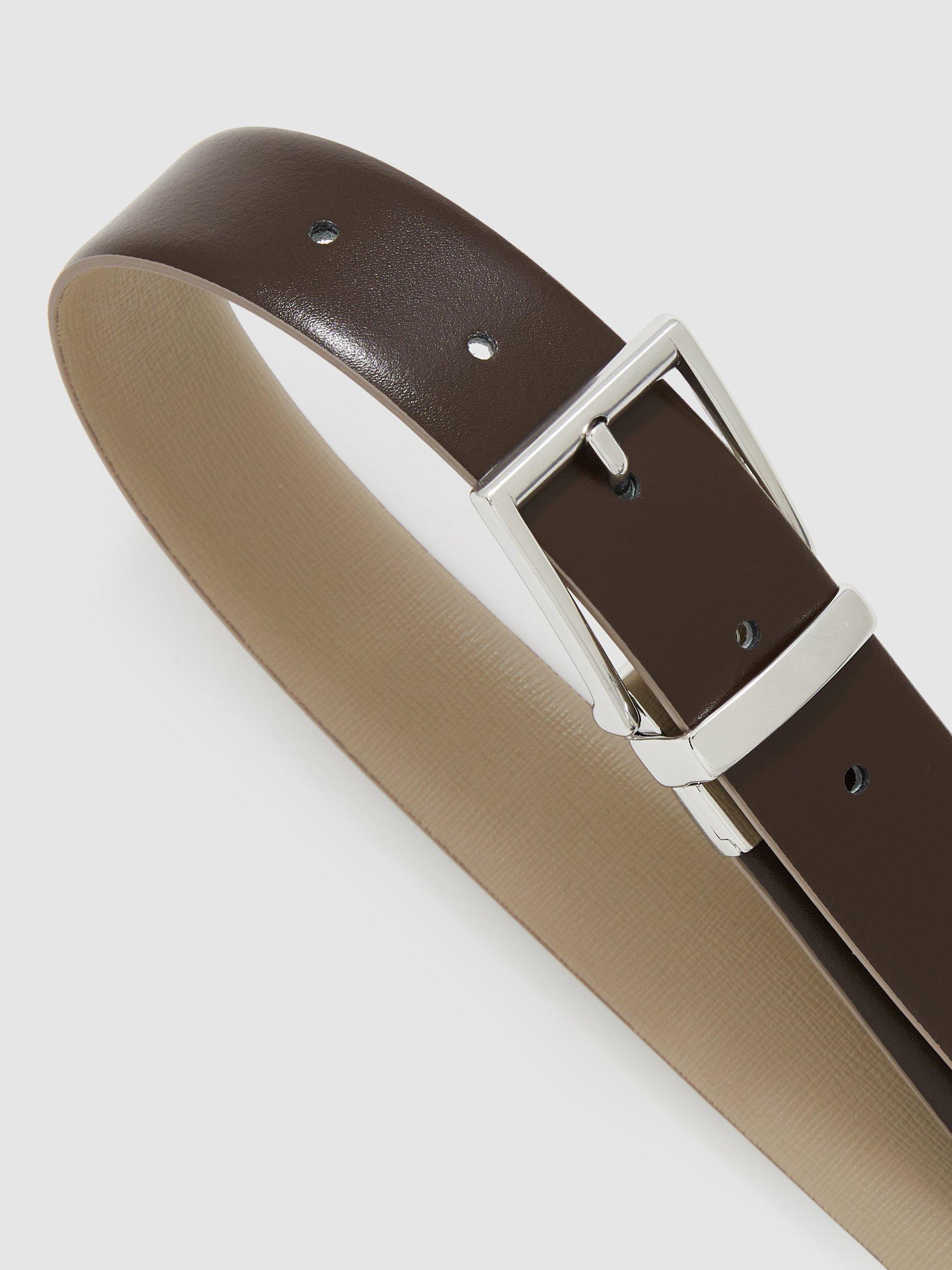Product image 5 of 5, which shows Reiss Ricky Reversible Leather Belt, Stone/Dark Brown, 28R