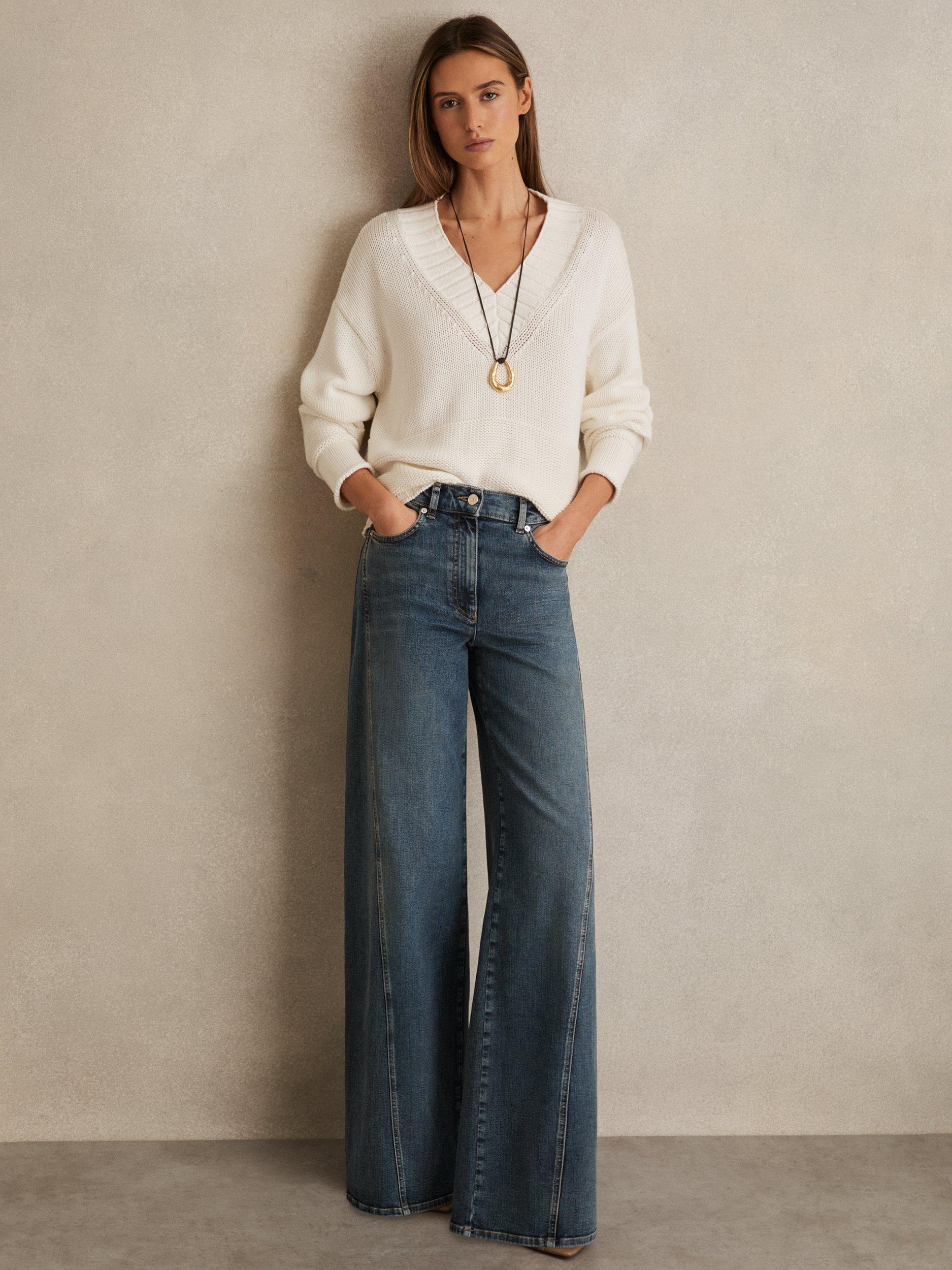 Product image 1 of 5, which shows Reiss Fern Denim Wide Leg Jeans, Mid Blue, 10