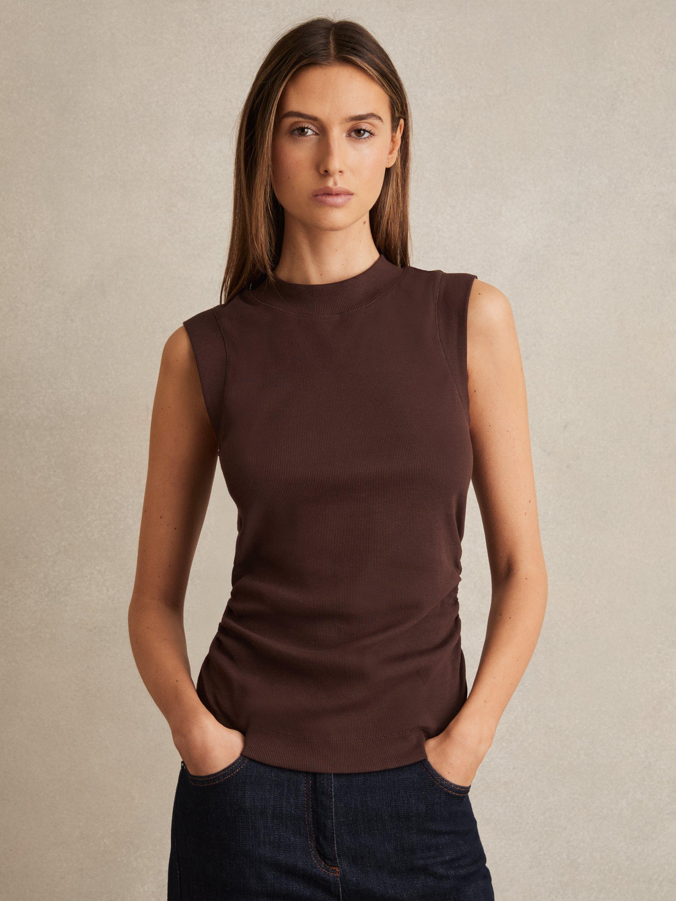 Product image 1 of 5, which shows Reiss Trudy Cotton Blend Sleeveless Ruched Top, Chocolate, 6|8