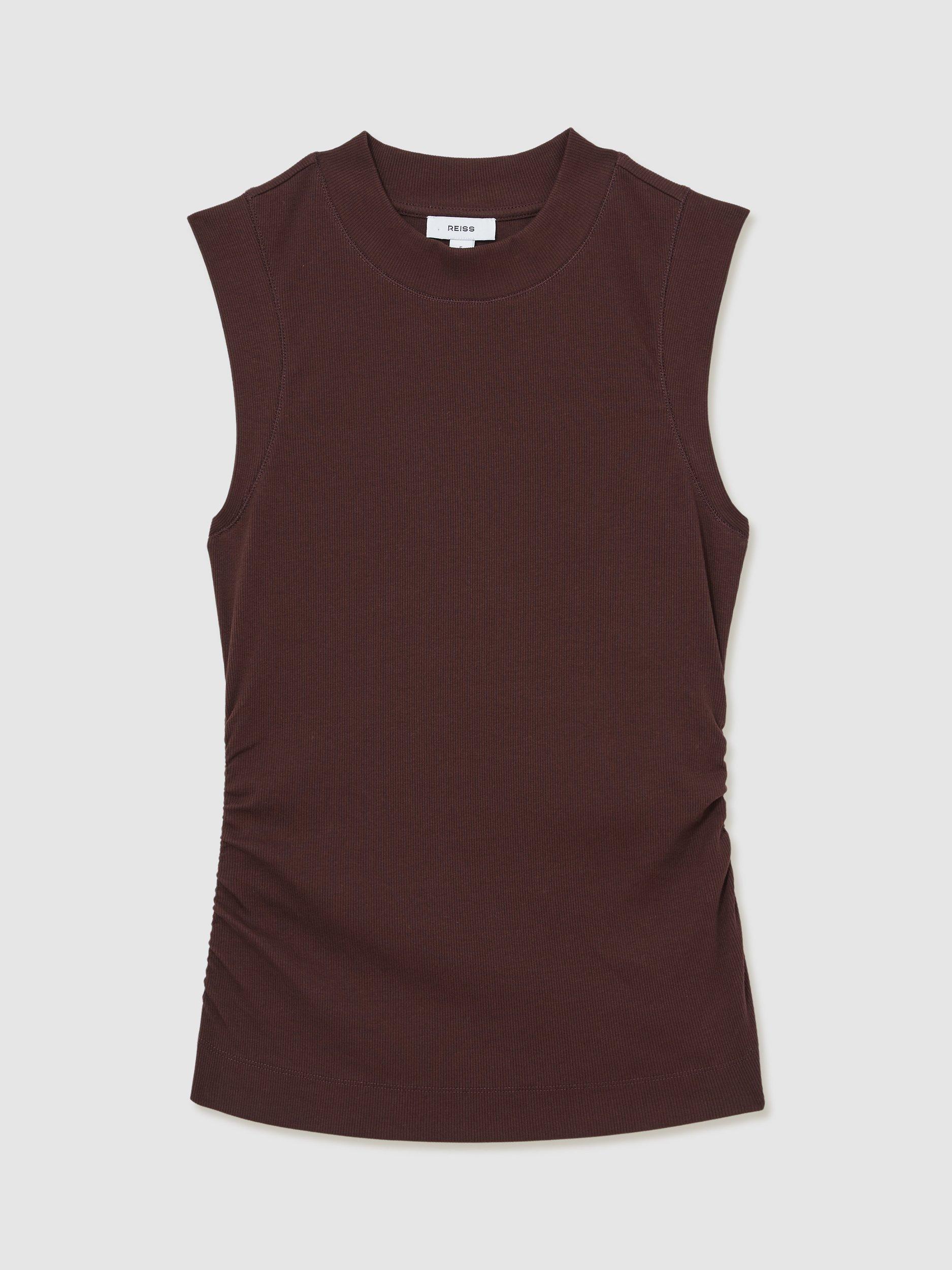 Product image 3 of 5, which shows Reiss Trudy Cotton Blend Sleeveless Ruched Top, Chocolate, 6|8