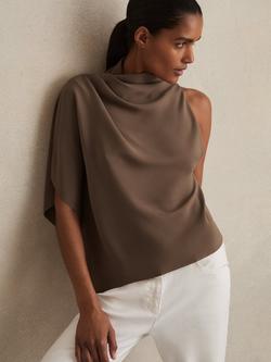 Reiss Mink Cowl Neck One Sleeve Top, Mink, Mink
