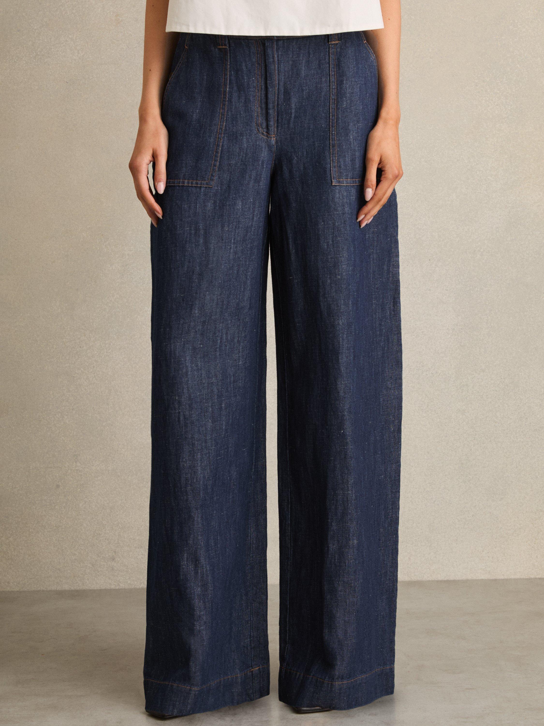 Product image 1 of 5, which shows Reiss Ashby Linen Rich Wide Leg Trousers, Indigo, 6Pt