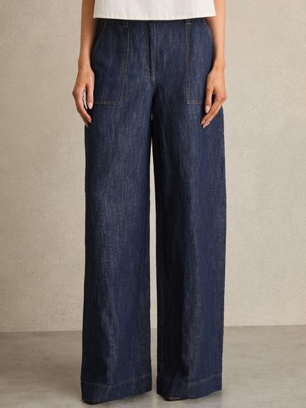 Reiss Ashby Linen Rich Wide Leg Trousers, Indigo, Indigo