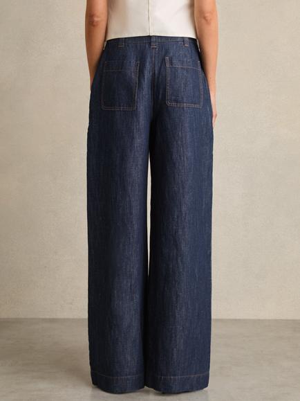Reiss Ashby Linen Rich Wide Leg Trousers, Indigo - view 2, Indigo