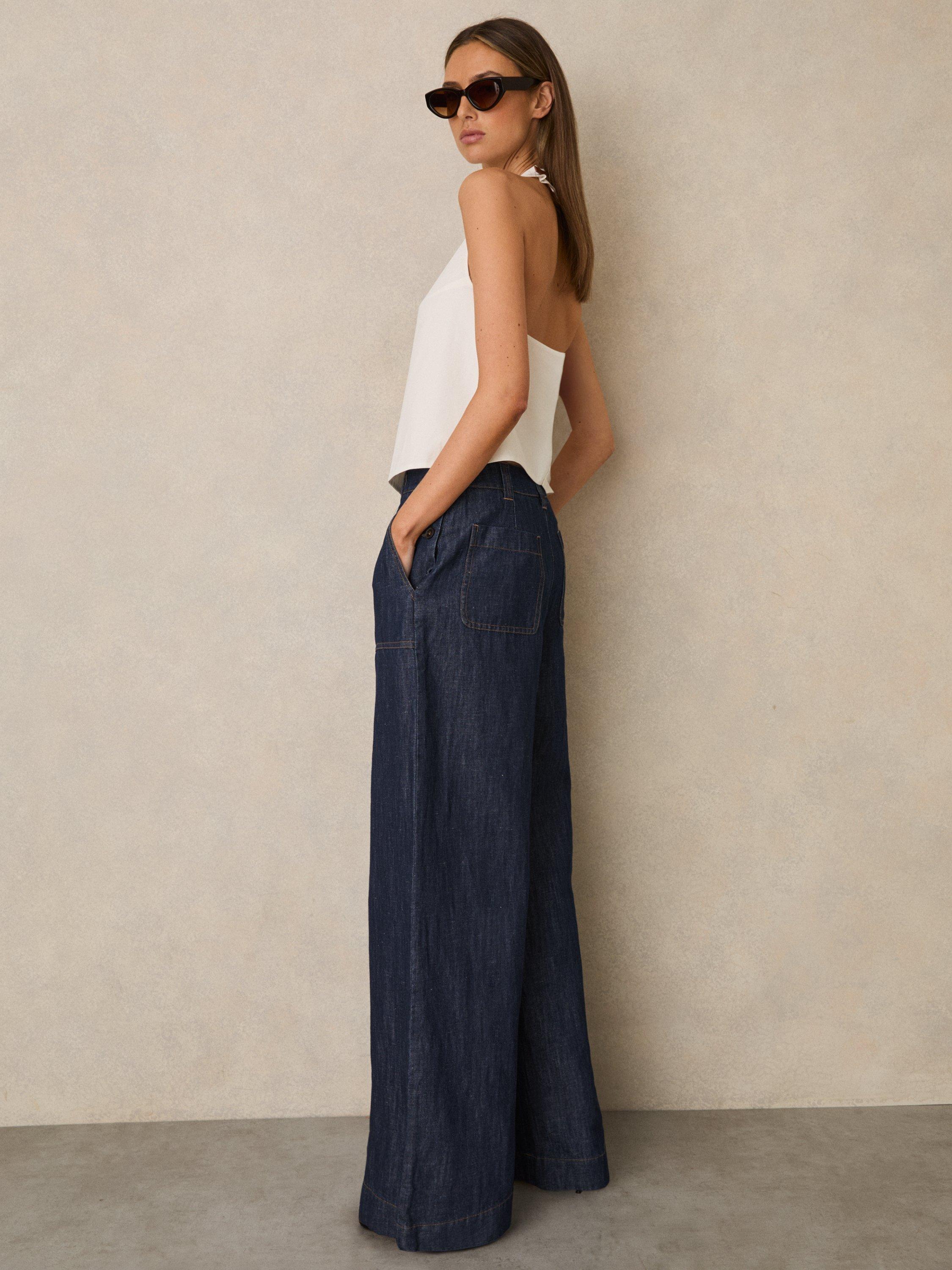Product image 3 of 5, which shows Reiss Ashby Linen Rich Wide Leg Trousers, Indigo, 6Pt