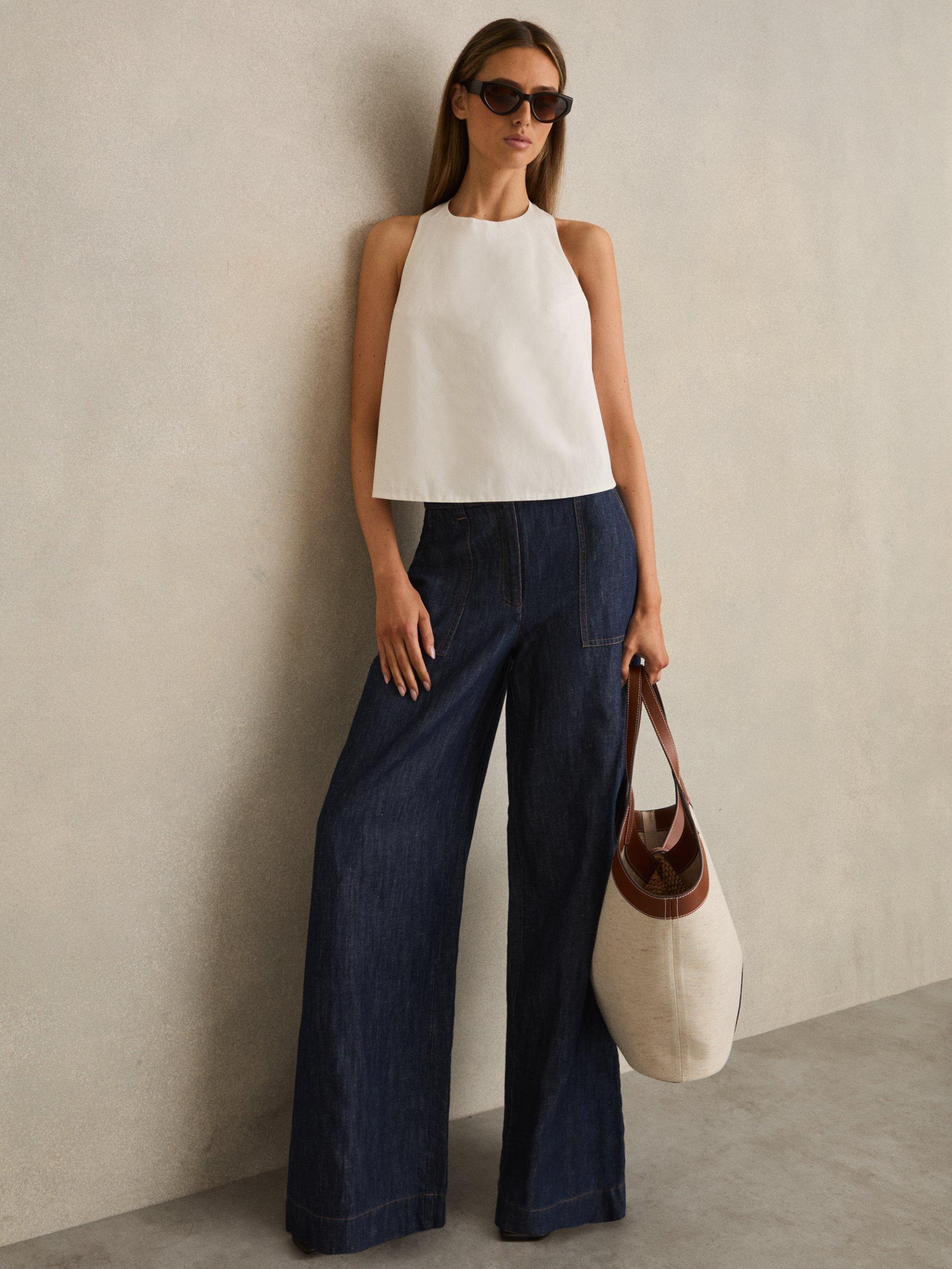Product image 5 of 5, which shows Reiss Ashby Linen Rich Wide Leg Trousers, Indigo, 6Pt
