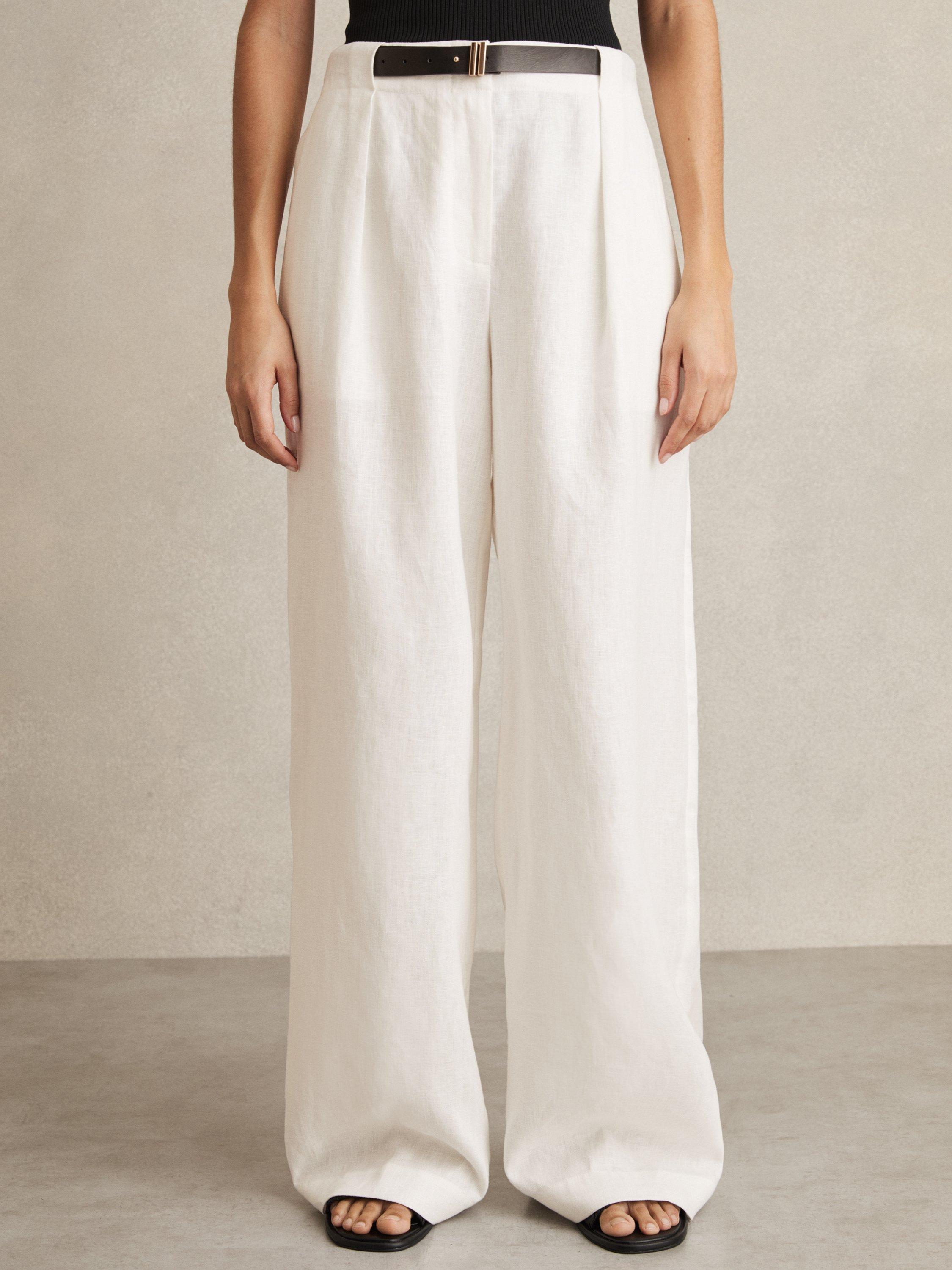 Product image 1 of 5, which shows Reiss Analise Linen Petite Wide Leg Tailored Trousers, White, 6