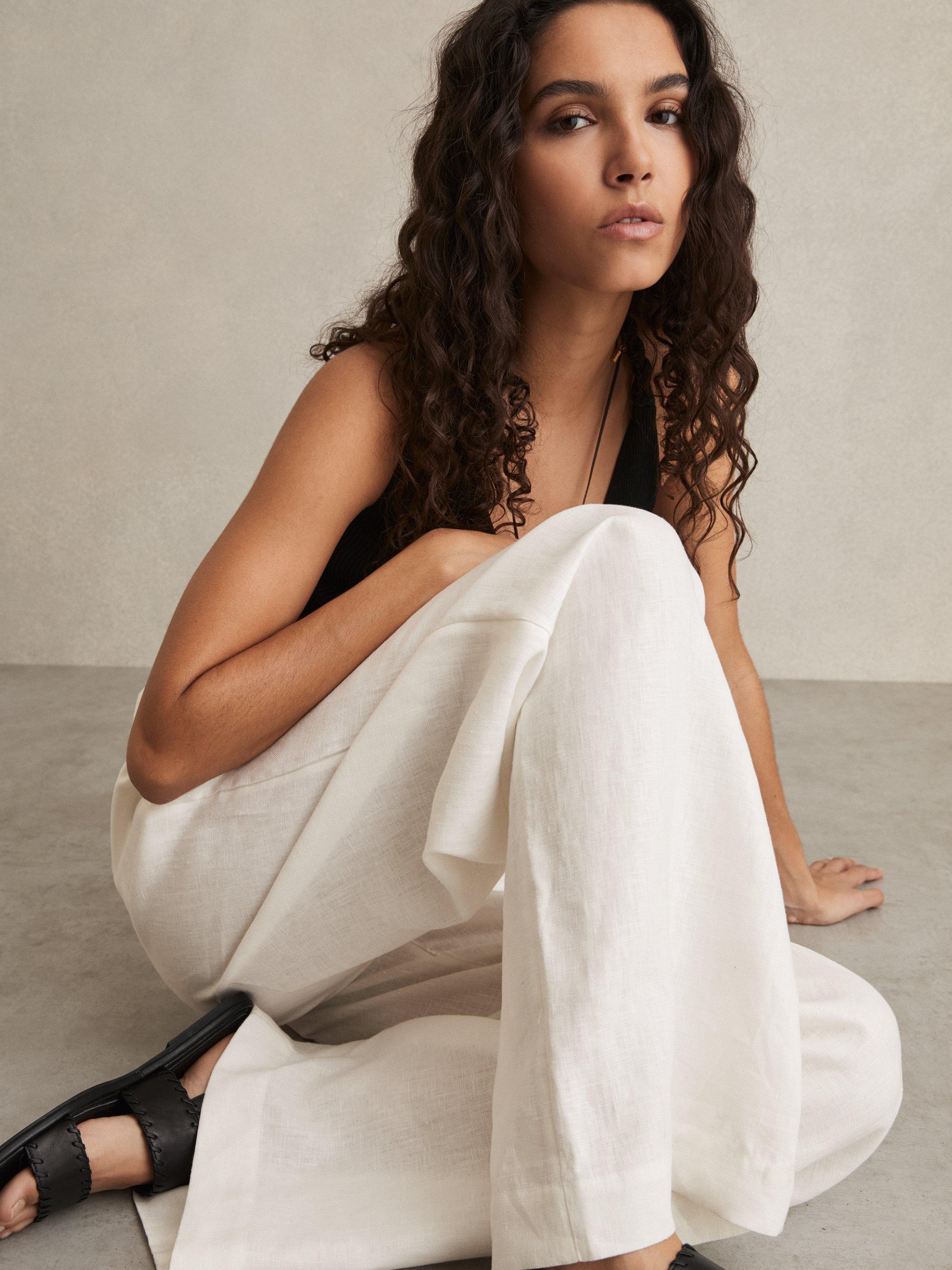 Product image 4 of 5, which shows Reiss Analise Linen Petite Wide Leg Tailored Trousers, White, 6