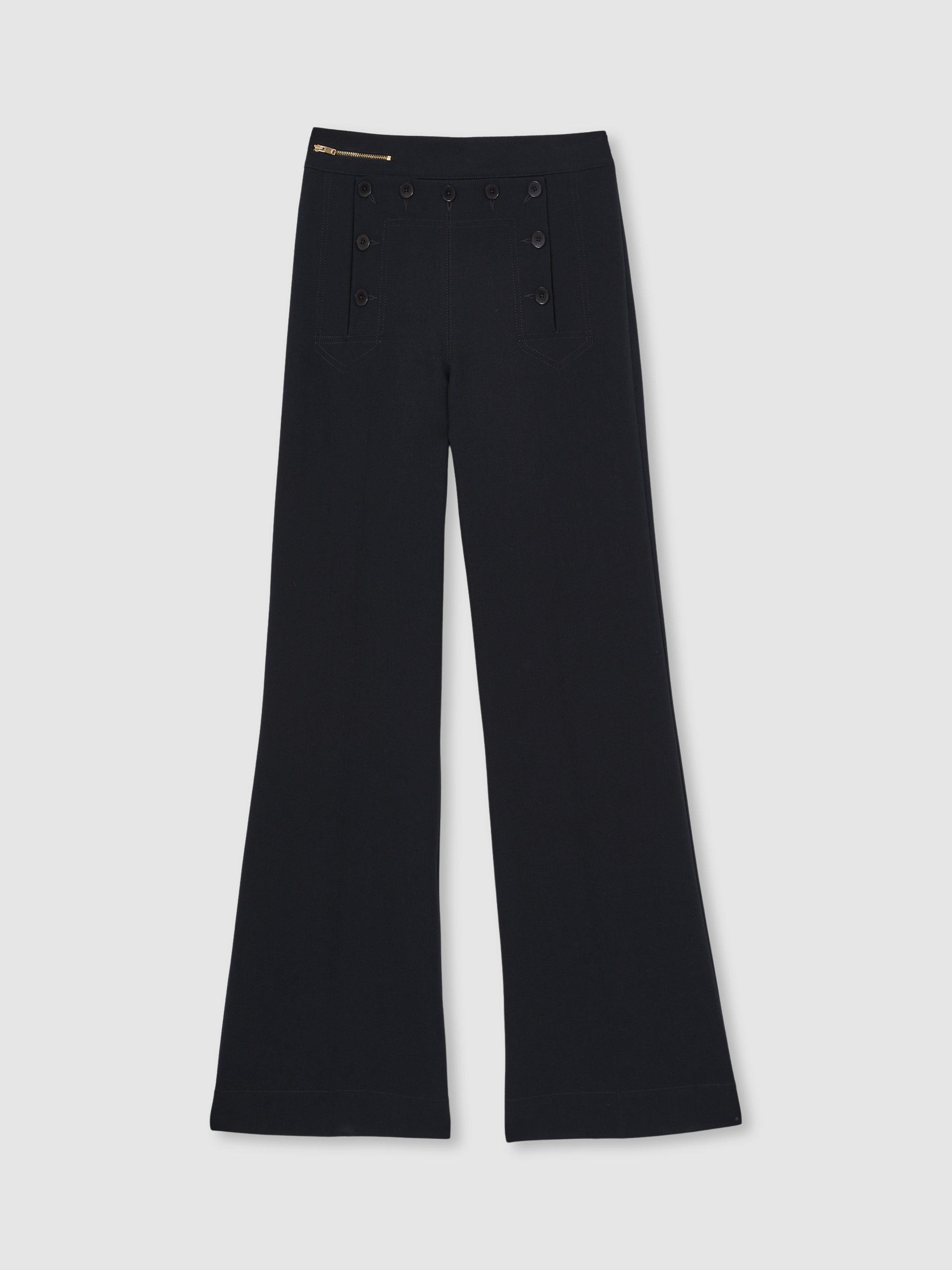 Product image 3 of 5, which shows Reiss Sidney Button Detail Wide Leg Trousers, Navy, 14