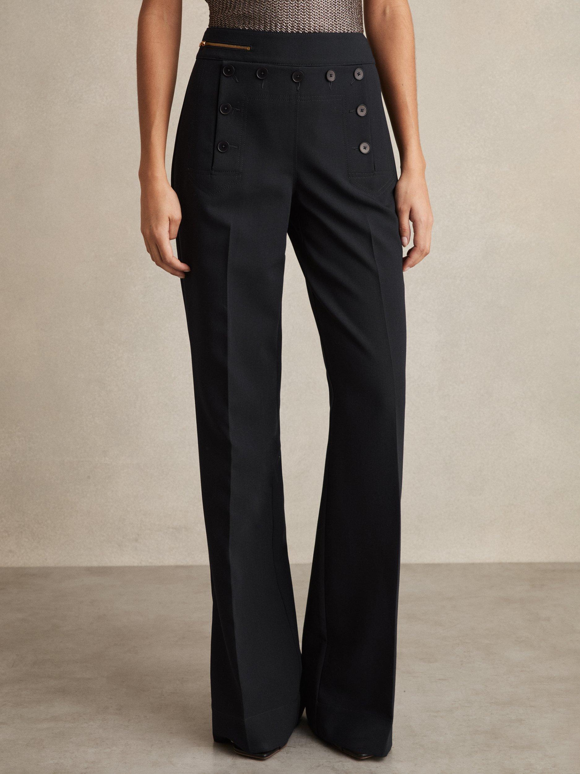 Product image 4 of 5, which shows Reiss Sidney Button Detail Wide Leg Trousers, Navy, 14