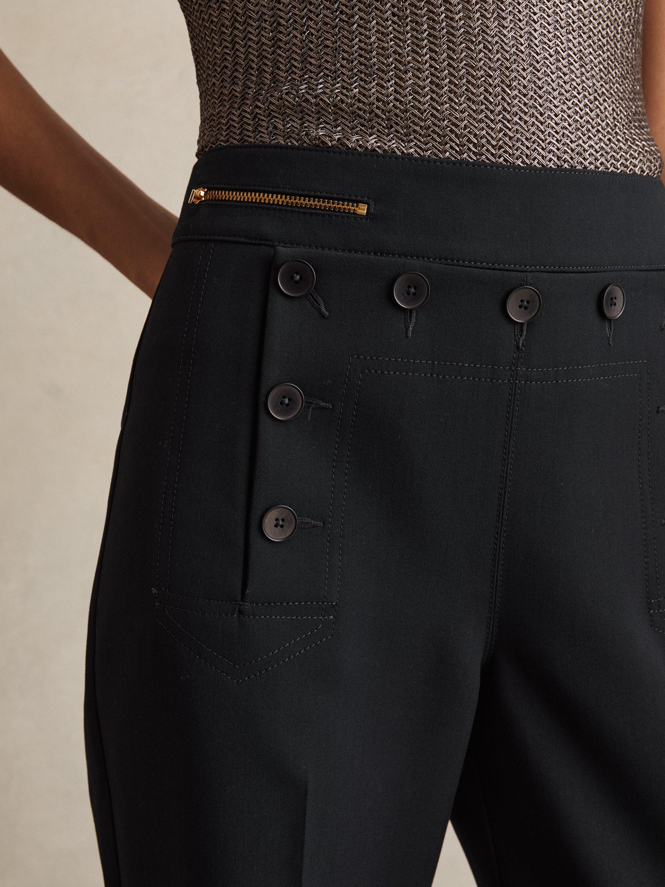 Product image 5 of 5, which shows Reiss Sidney Button Detail Wide Leg Trousers, Navy, 14