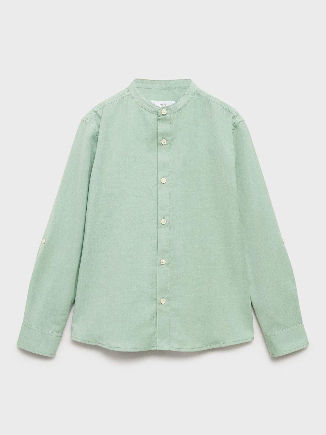 Product image 1 of 4, which shows Mango Kids' Sergi Stripe Cotton Linen Shirt, Green, 13-14 years
