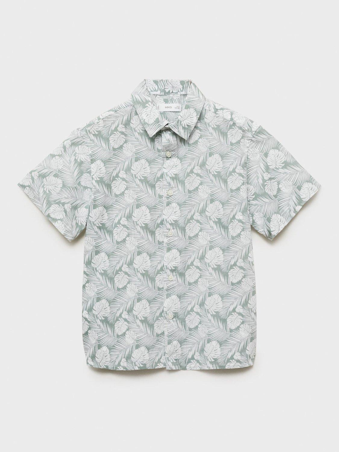 Product image 1 of 4, which shows Mango Kids' Bali Cotton Short Sleeve Shirt, Green, 13-14 years