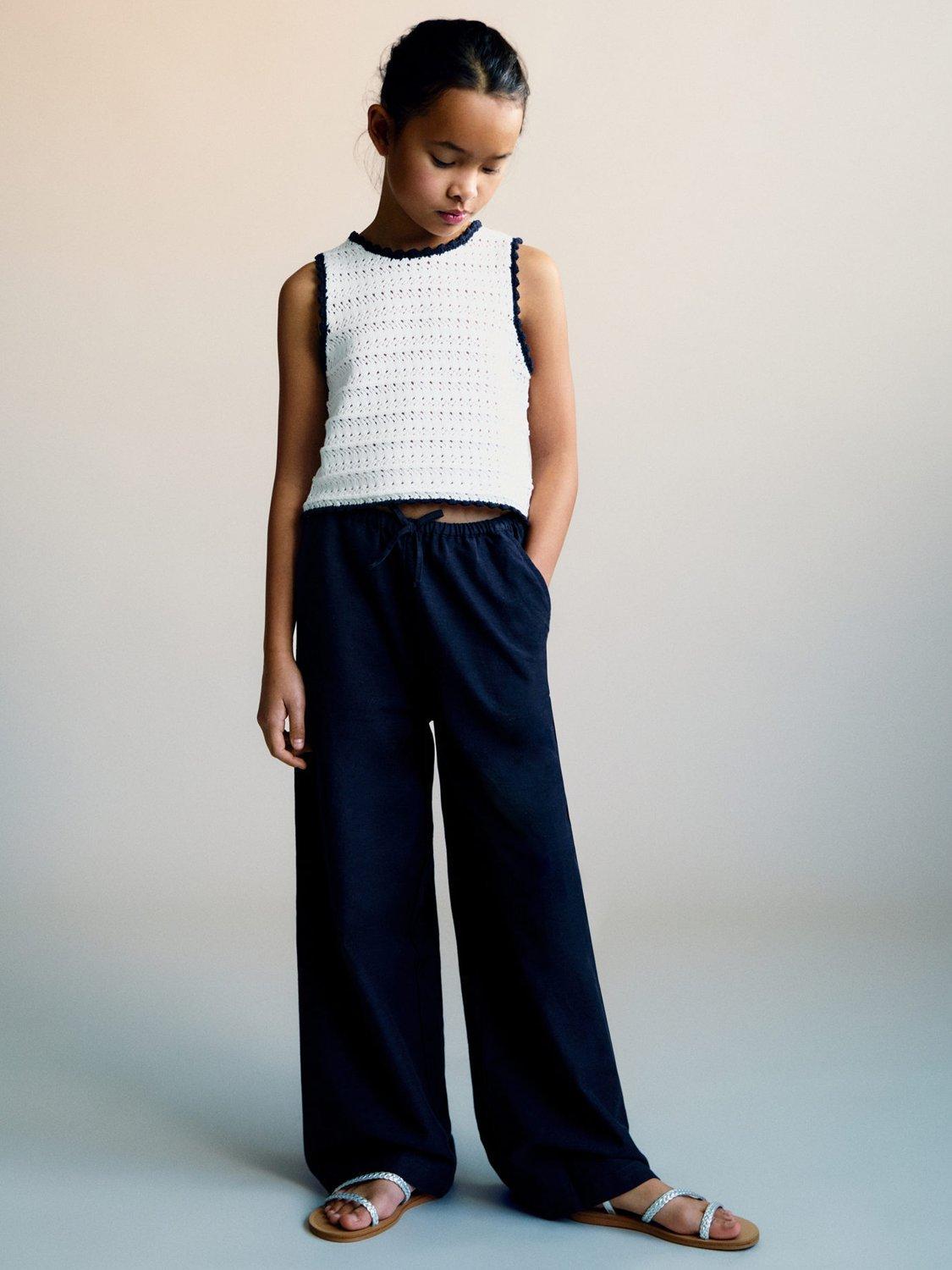 Product image 1 of 5, which shows Mango Kids' Michaela Drawstring Wide Leg Trousers, Navy, 5-6 years