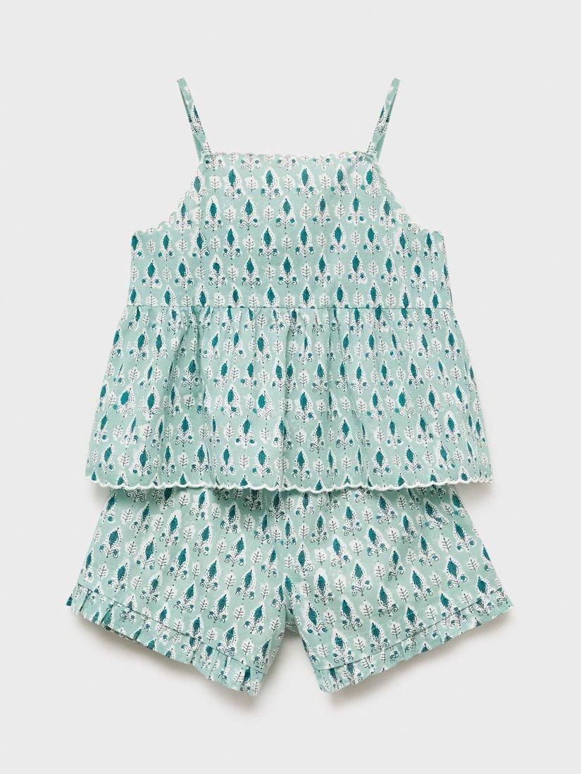 Product image 1 of 4, which shows Mango Kids' Hoja Botanical Cami & Shorts Pyjama Set, Green, 11-12 years