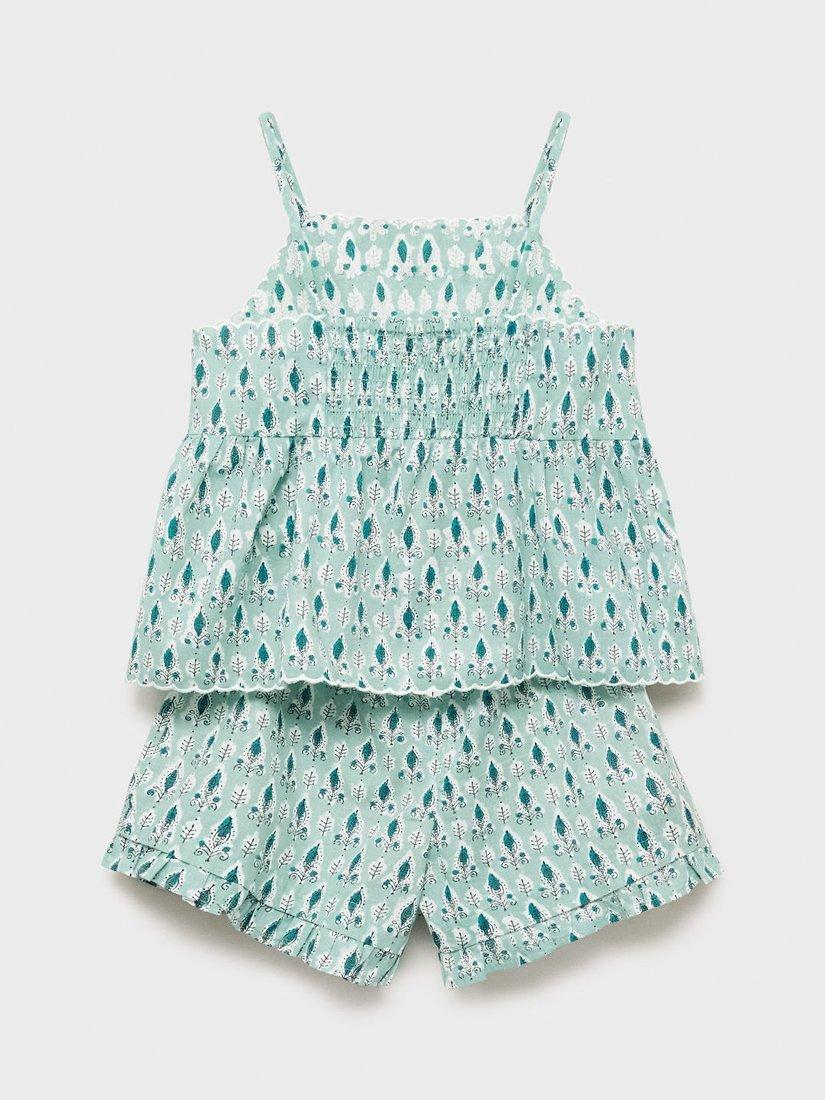 Product image 2 of 4, which shows Mango Kids' Hoja Botanical Cami & Shorts Pyjama Set, Green, 11-12 years