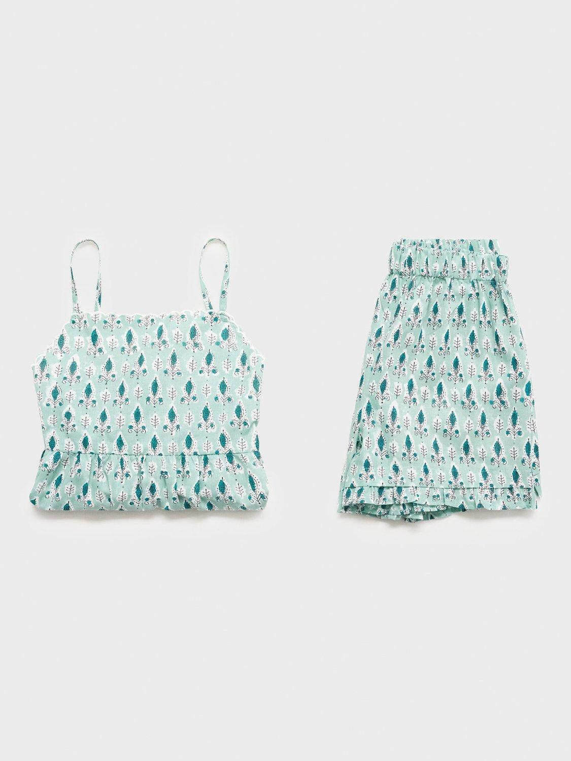 Product image 3 of 4, which shows Mango Kids' Hoja Botanical Cami & Shorts Pyjama Set, Green, 11-12 years