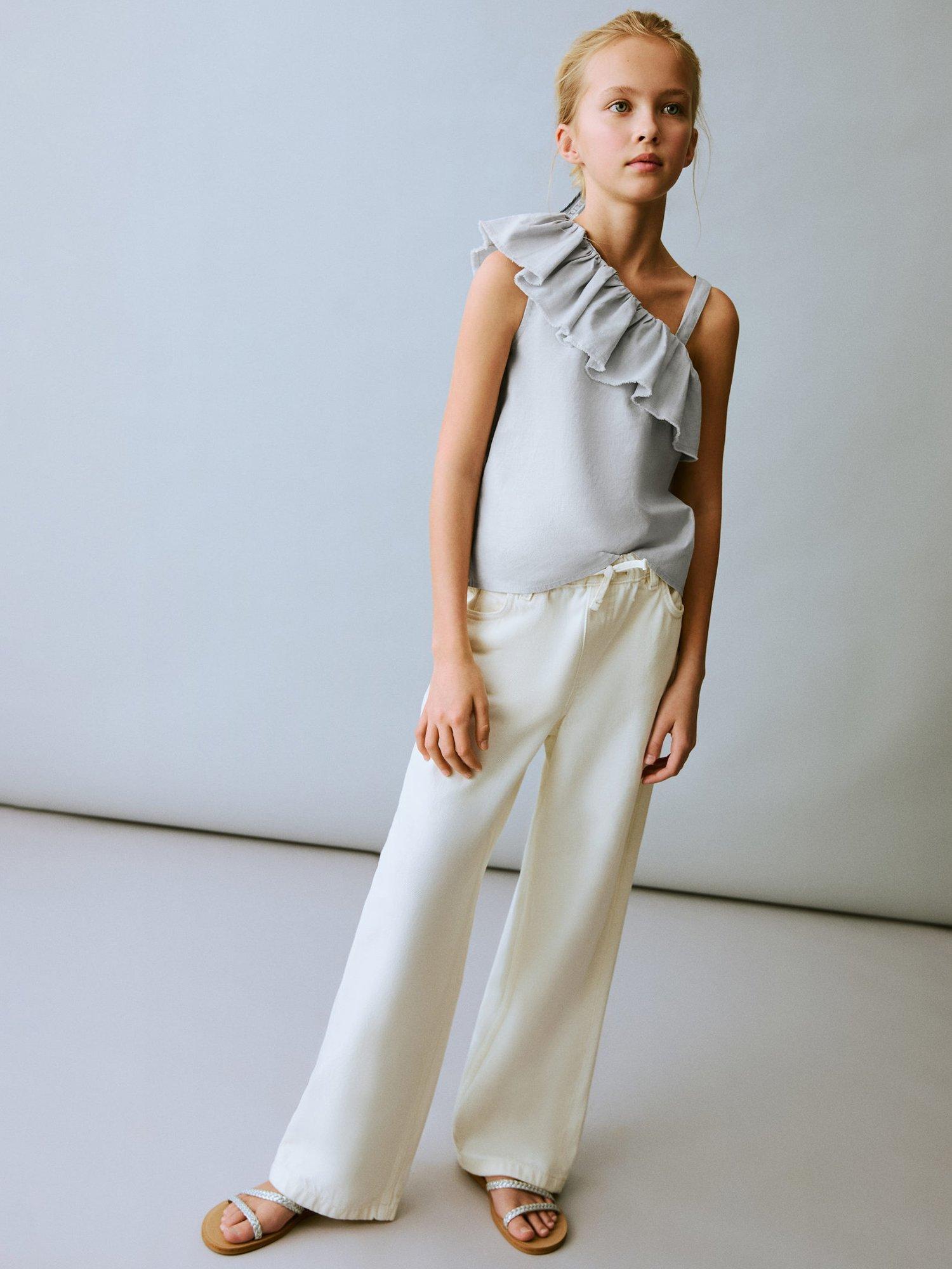 Product image 1 of 6, which shows Mango Kids' Simba Asymmetric Linen Cotton Blouse, Light Pastel Blue, 13-14 years