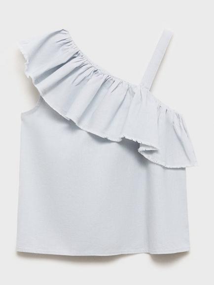 Mango Kids' Simba Asymmetric Linen Cotton Blouse, Light Pastel Blue - view 2, Light Pastel Blue
