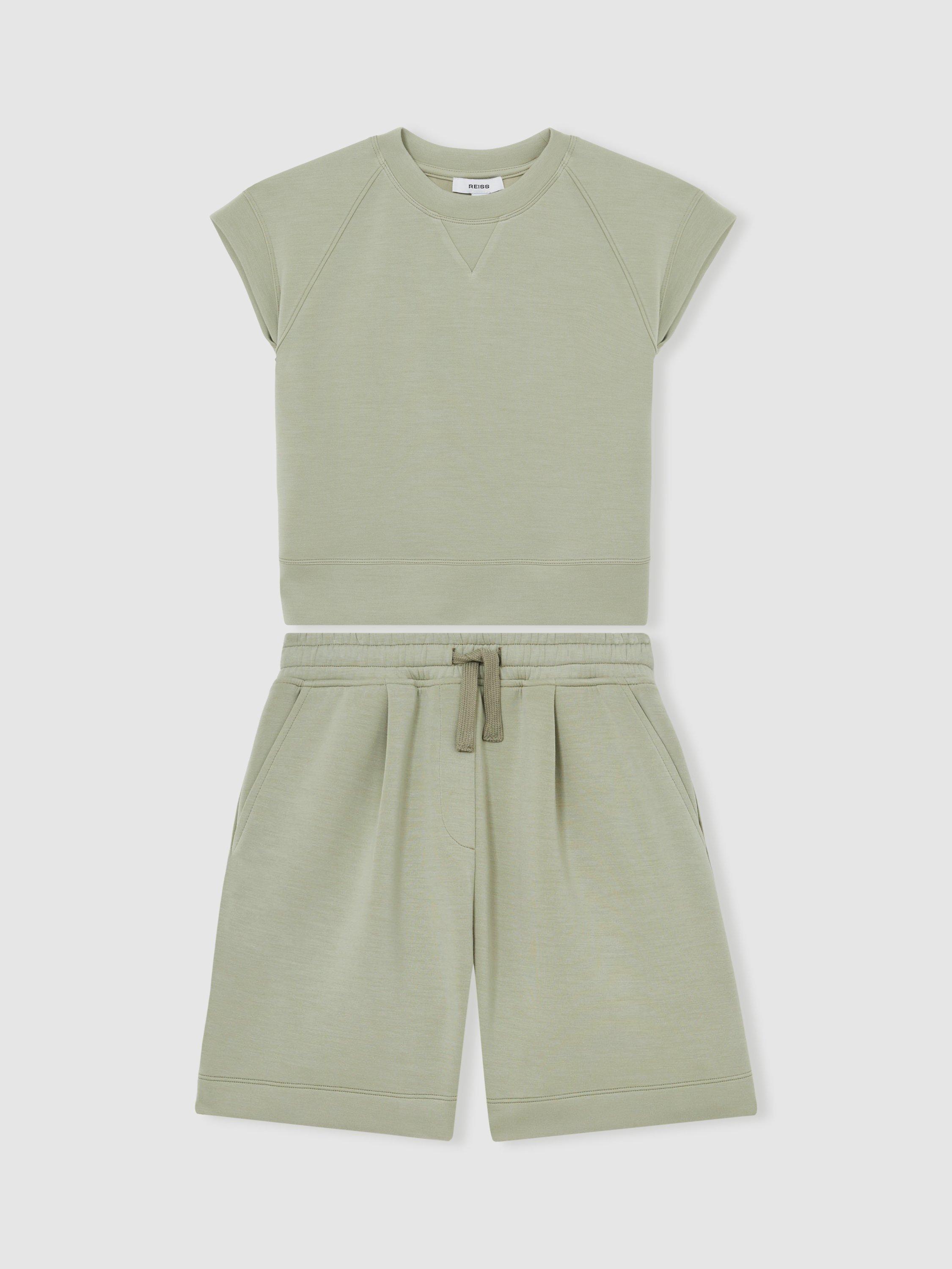 Product image 1 of 3, which shows Reiss Kids' Joanna Sweatshirt & Shorts Set, Sage, 6-7 years