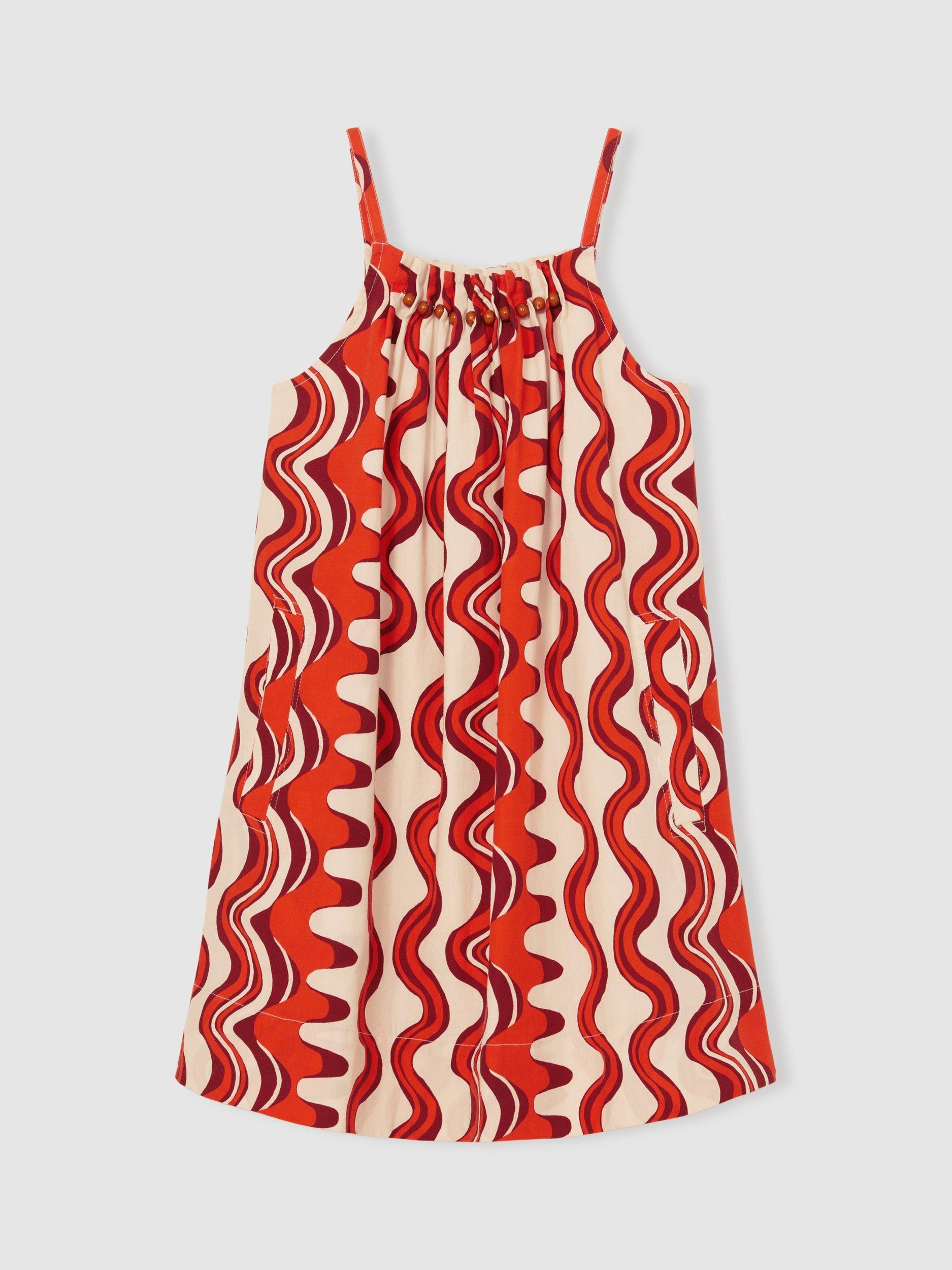 Product image 2 of 4, which shows Reiss Kids' Cotton Beaded Sleeveless Abstract Print Dress, Red, 6-7 years