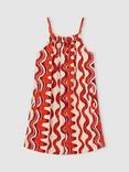 Reiss Kids' Cotton Beaded Sleeveless Abstract Print Dress, Red, Red