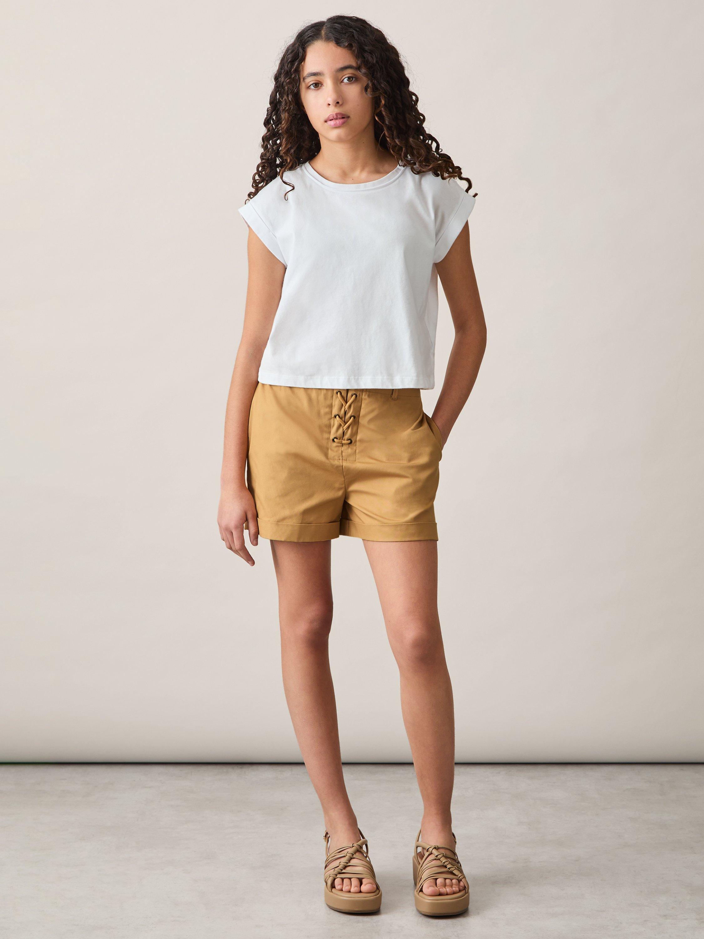 Product image 1 of 4, which shows Reiss Kids' Clement Lace Up Cotton Shorts, Tan, 4-5 years