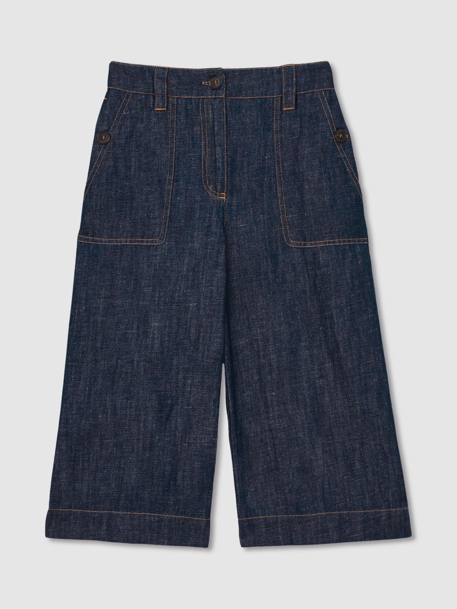 Product image 1 of 4, which shows Reiss Kids' Ashby Cotton Linen Denim Culottes, Indigo, 4-5 years