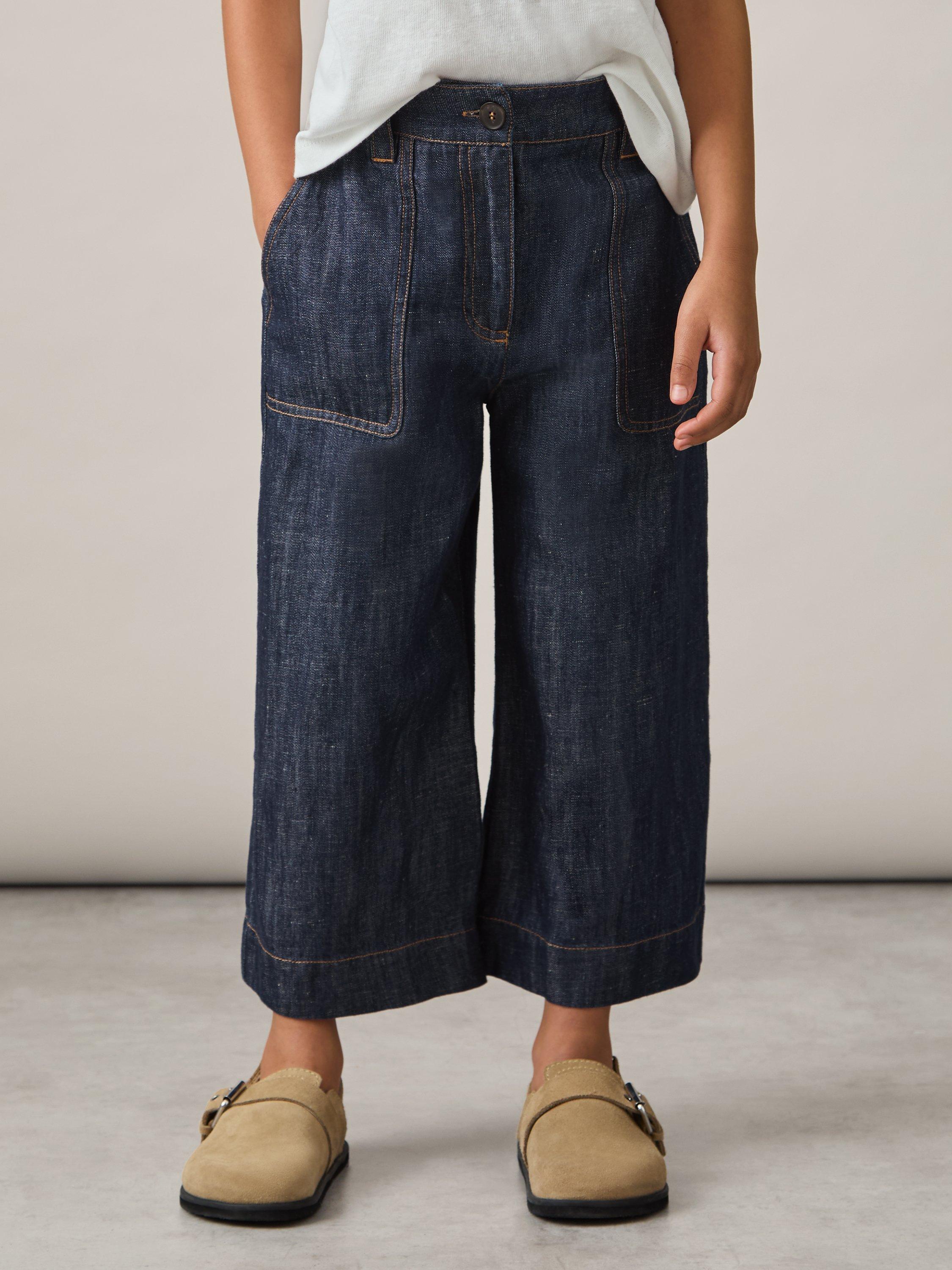 Product image 3 of 4, which shows Reiss Kids' Ashby Cotton Linen Denim Culottes, Indigo, 4-5 years