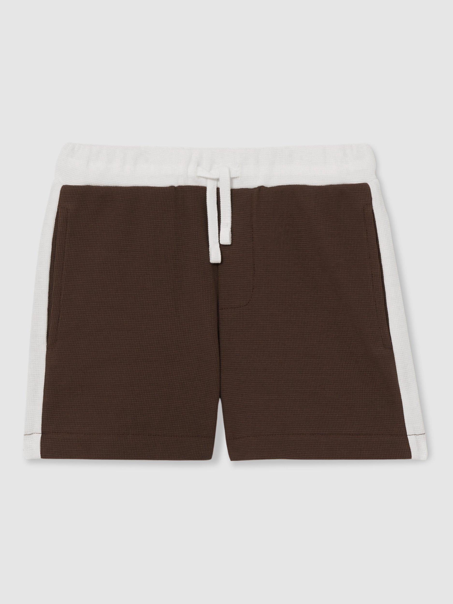 Product image 1 of 4, which shows Reiss Kids' Cane Waffle Knit Shorts, Brown / Off White, 5-6 years