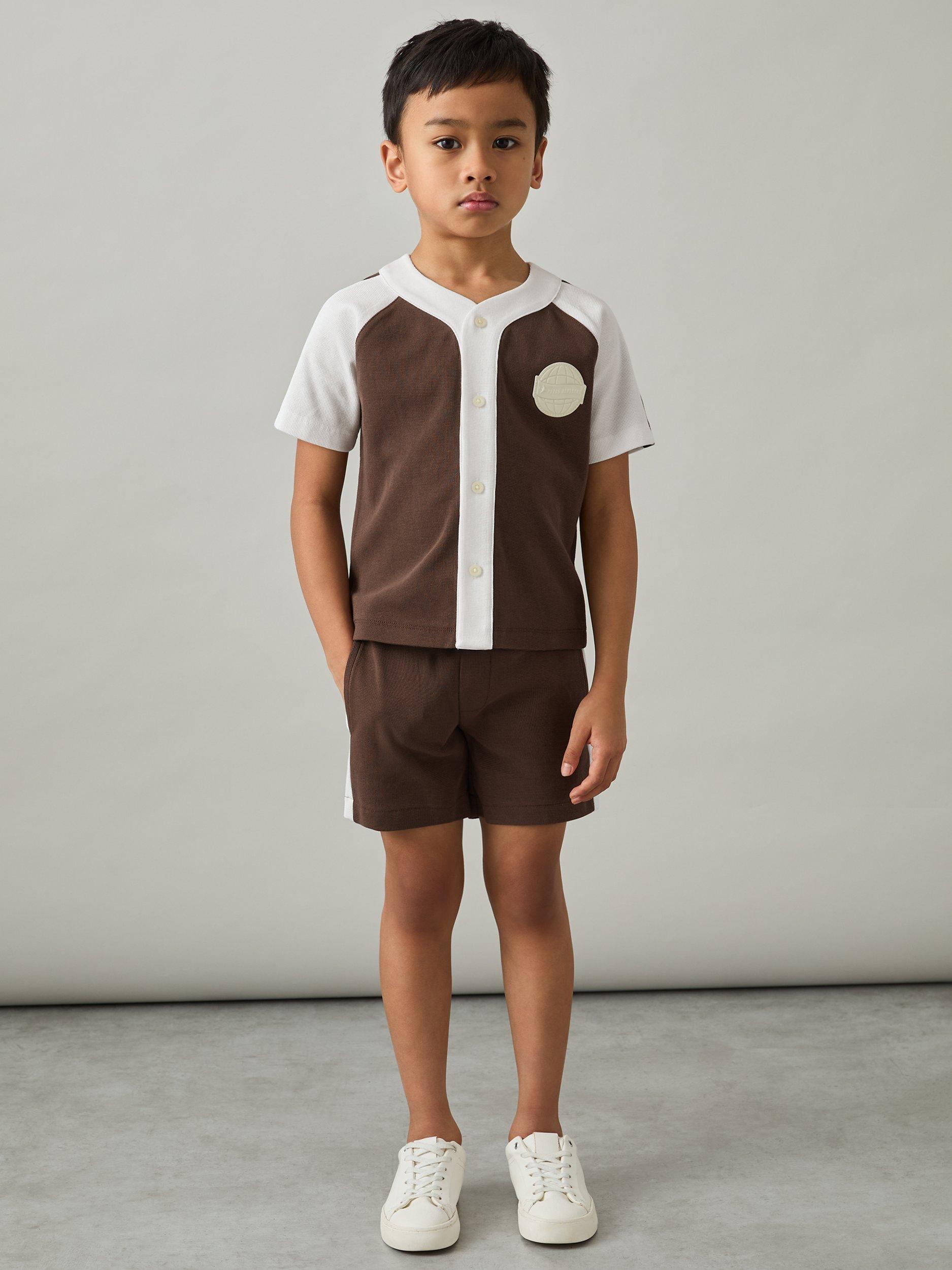 Product image 3 of 4, which shows Reiss Kids' Cane Waffle Knit Shorts, Brown / Off White, 5-6 years