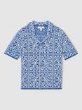 Reiss Kids' River Tile Pattern Knit Short Sleeve Shirt, Blue/White