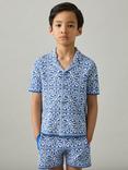 Reiss Kids' River Tile Pattern Knit Short Sleeve Shirt, Blue/White