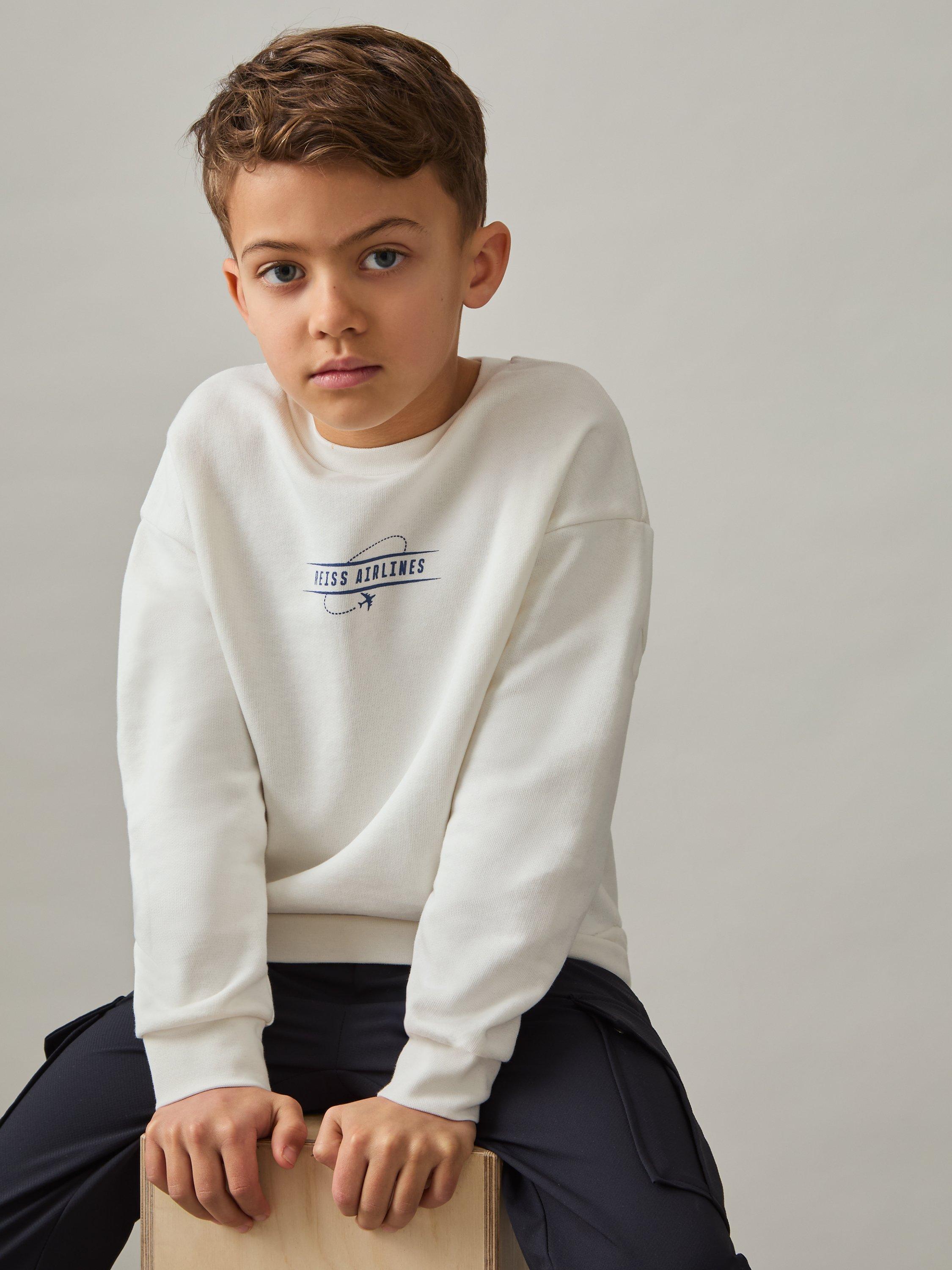 Product image 5 of 11, which shows Reiss Kids' Orville Cotton Blend Sweatshirt, White/Blue, 13-14 years