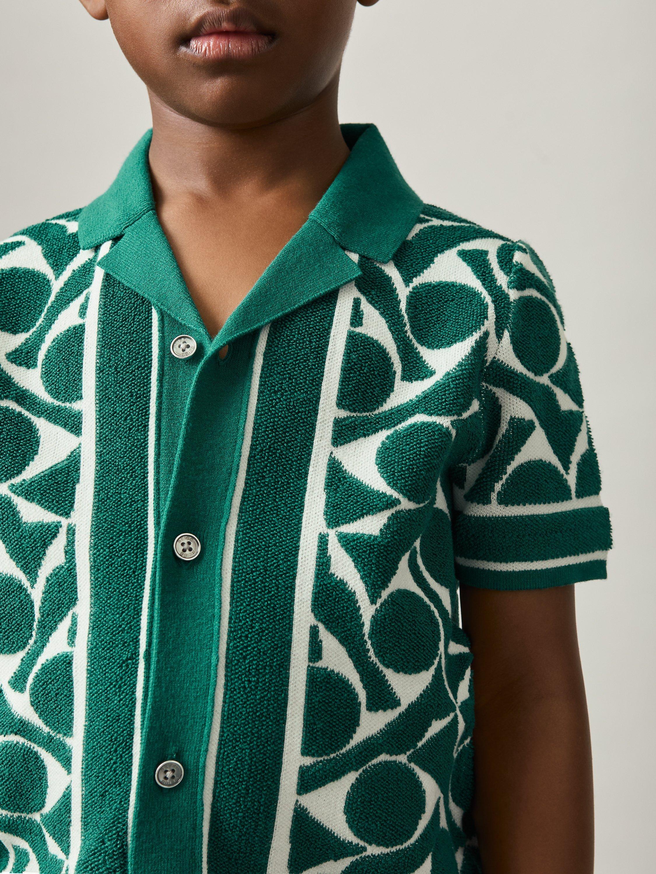 Product image 5 of 5, which shows Reiss Kids' Edmonds Abstract Towelling Shirt, Green/White, 7-8 years