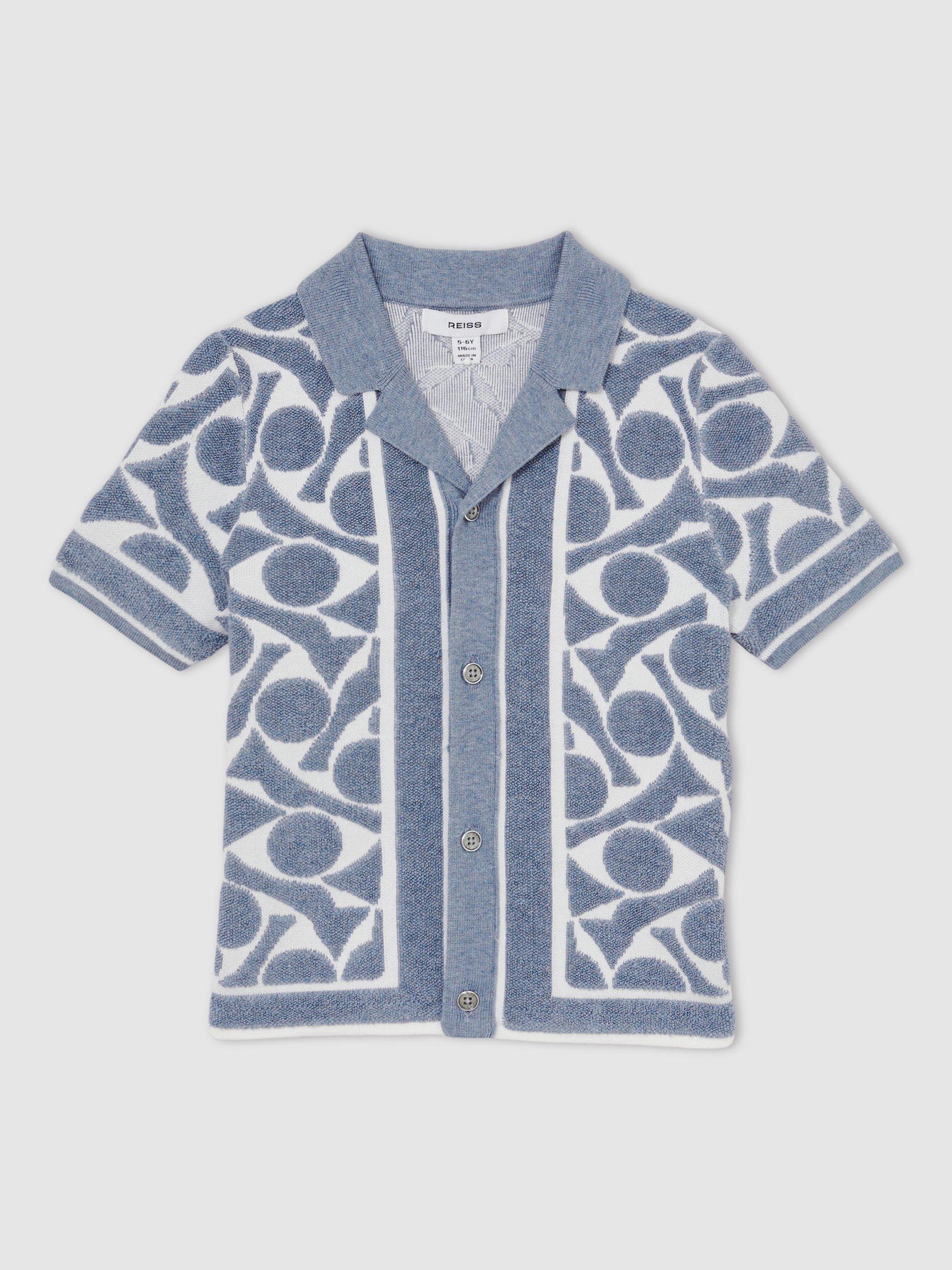 Product image 1 of 4, which shows Reiss Kids' Edmonds Abstract Towelling Shirt, Soft Blue/White, 3-4 years