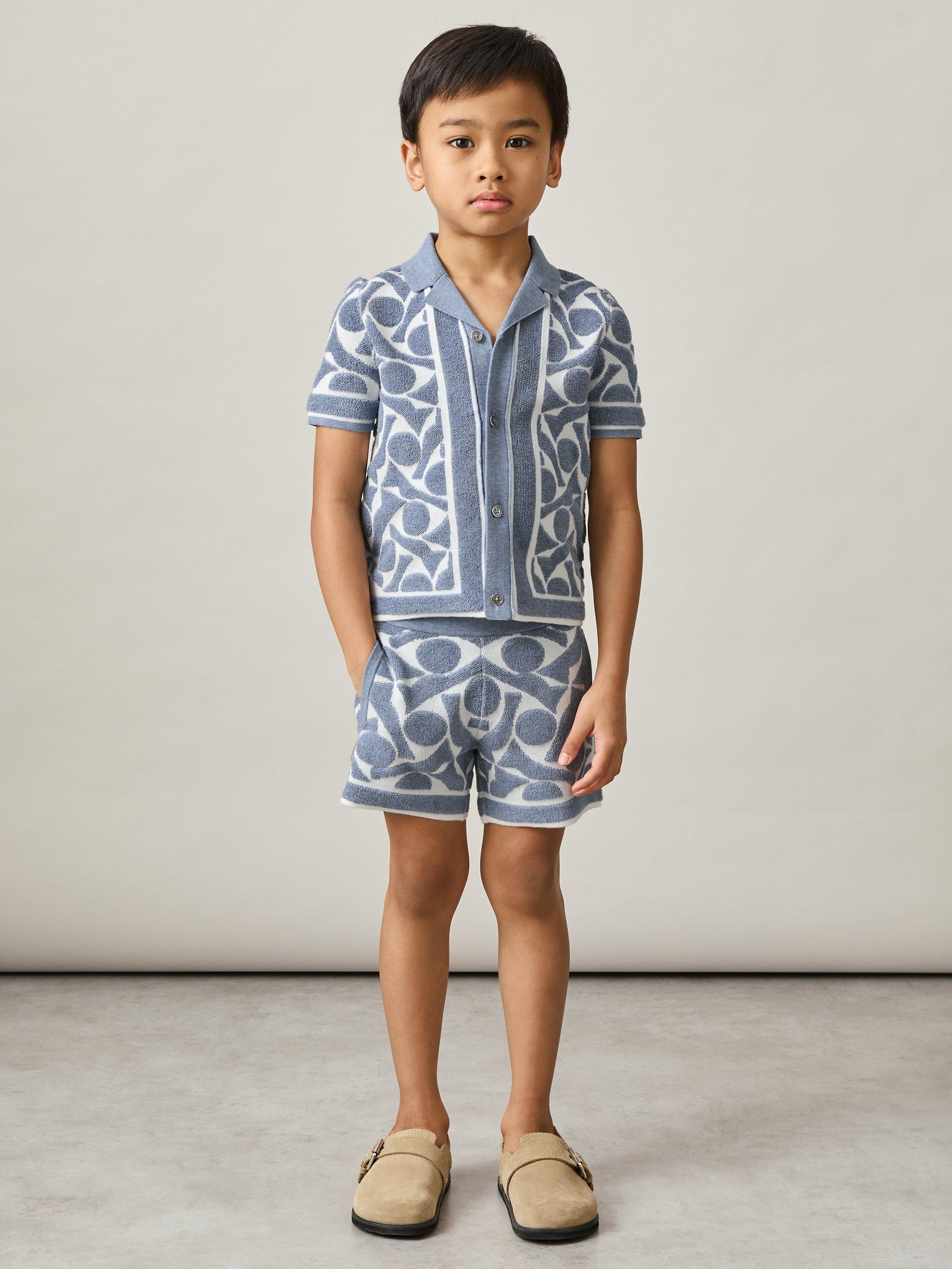 Product image 2 of 4, which shows Reiss Kids' Edmonds Abstract Towelling Shirt, Soft Blue/White, 3-4 years