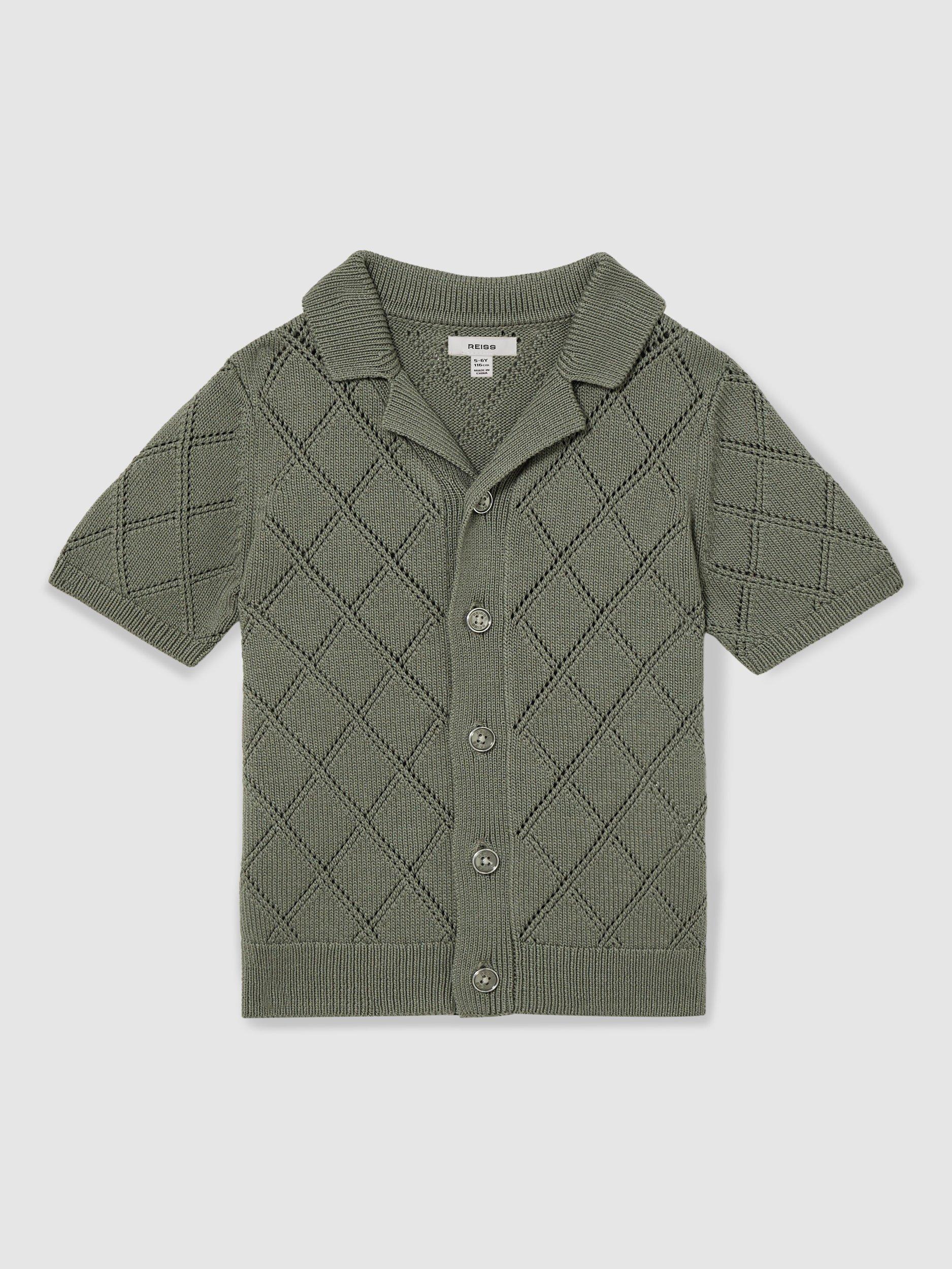 Product image 1 of 4, which shows Reiss Kids' Filby Textured Short Sleeve Shirt, Dark Sage, 4-5 years
