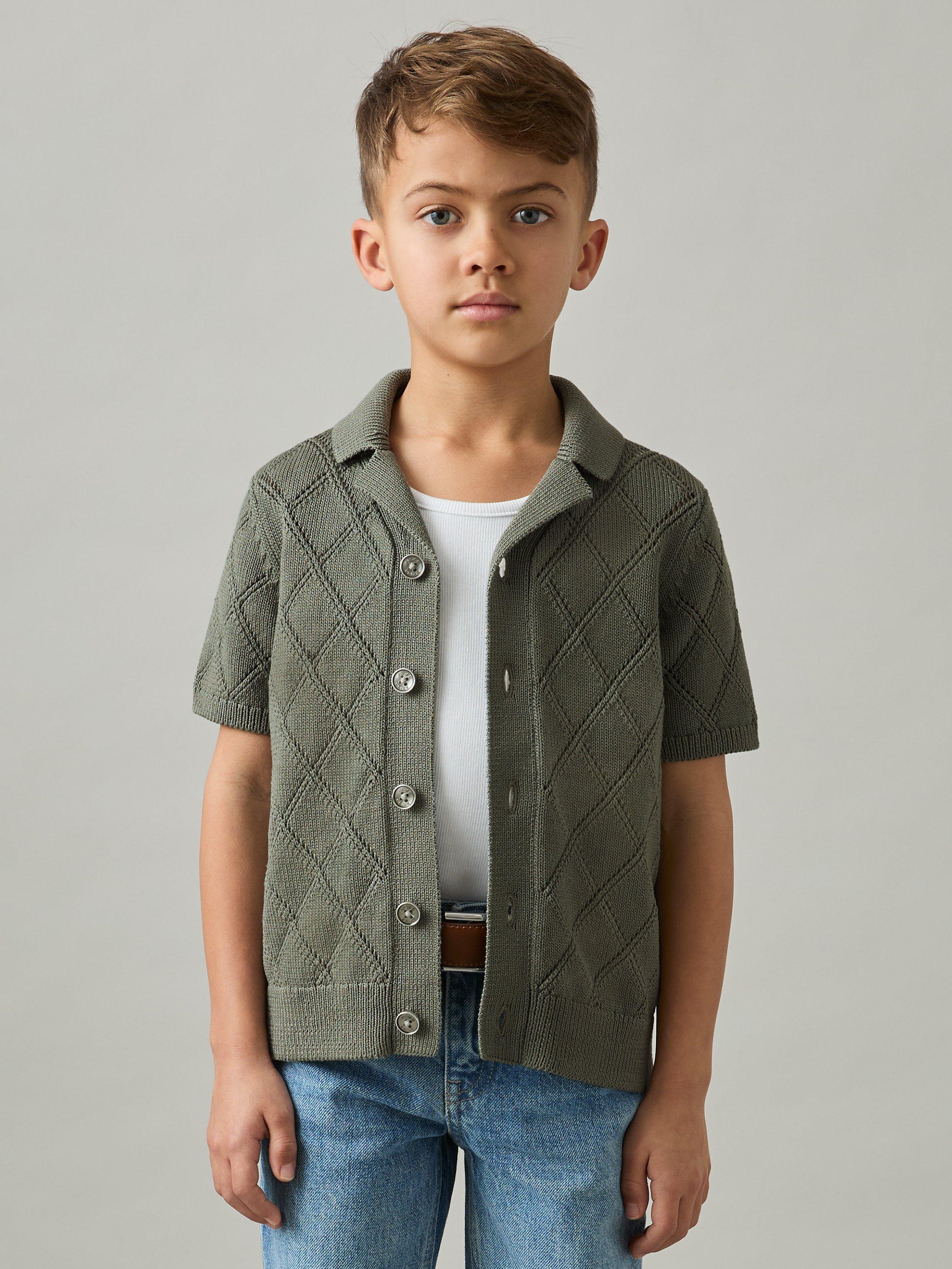 Product image 2 of 4, which shows Reiss Kids' Filby Textured Short Sleeve Shirt, Dark Sage, 4-5 years