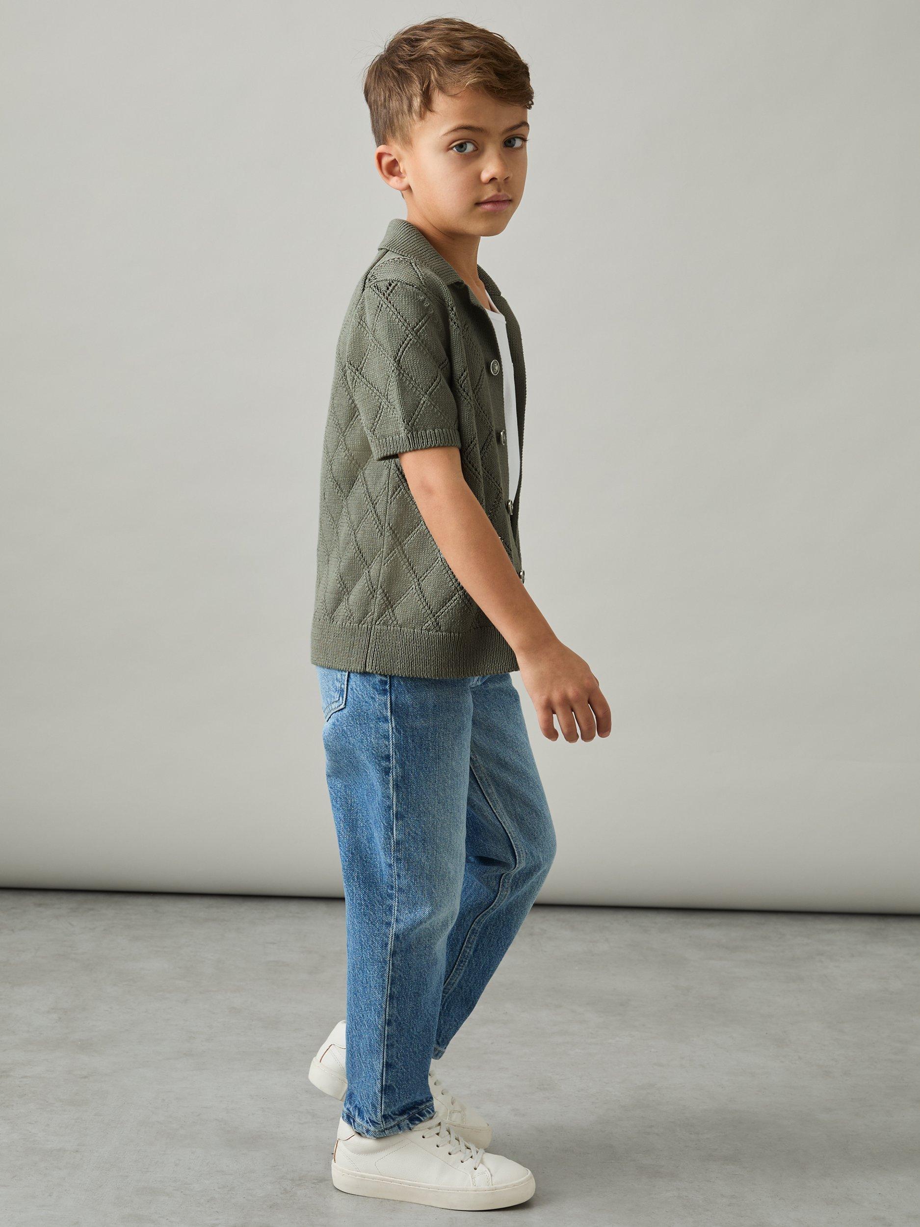 Product image 3 of 4, which shows Reiss Kids' Filby Textured Short Sleeve Shirt, Dark Sage, 4-5 years