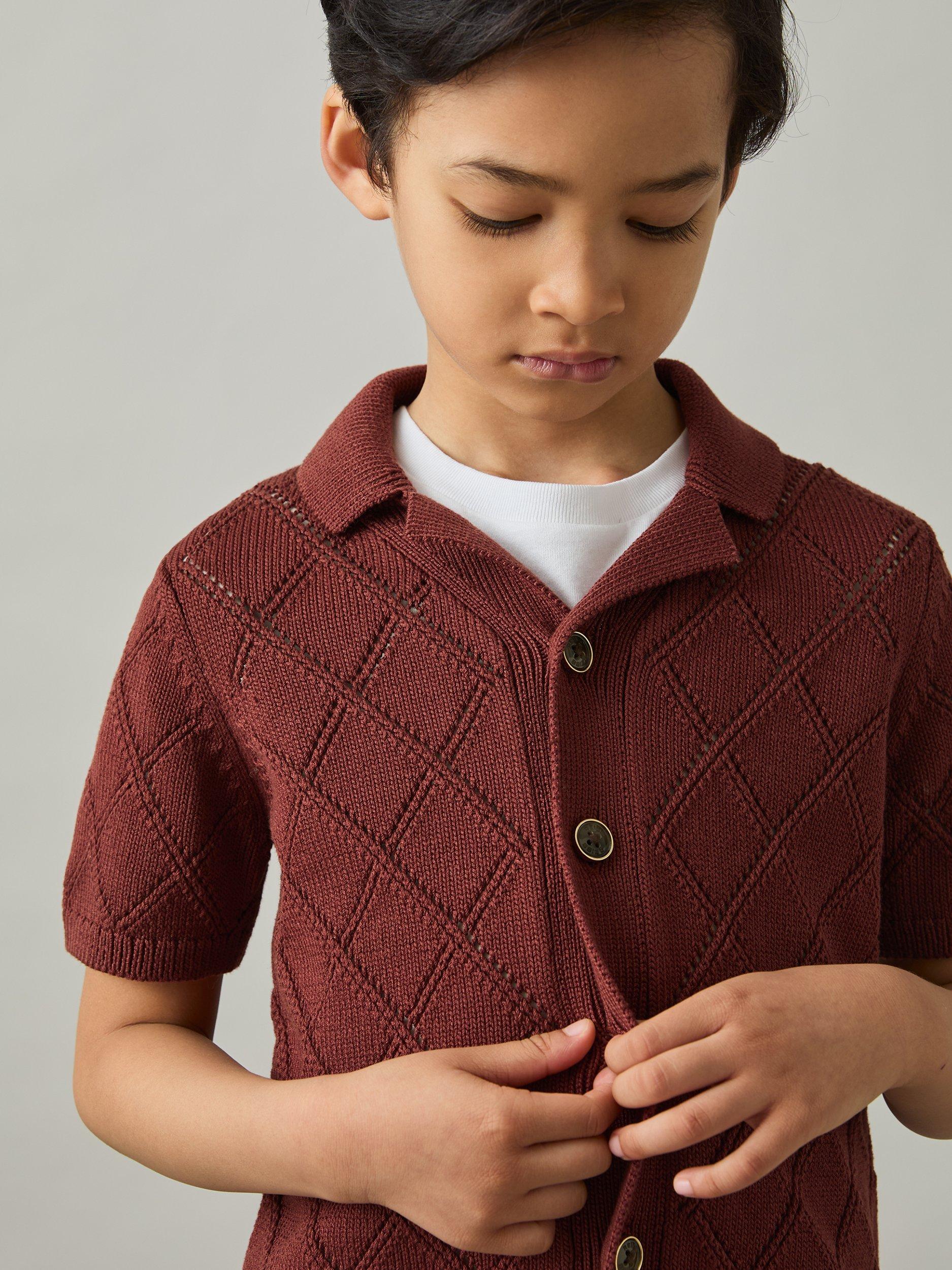 Product image 3 of 4, which shows Reiss Kids' Filby Textured Short Sleeve Shirt, Paprika Red, 5-6 years
