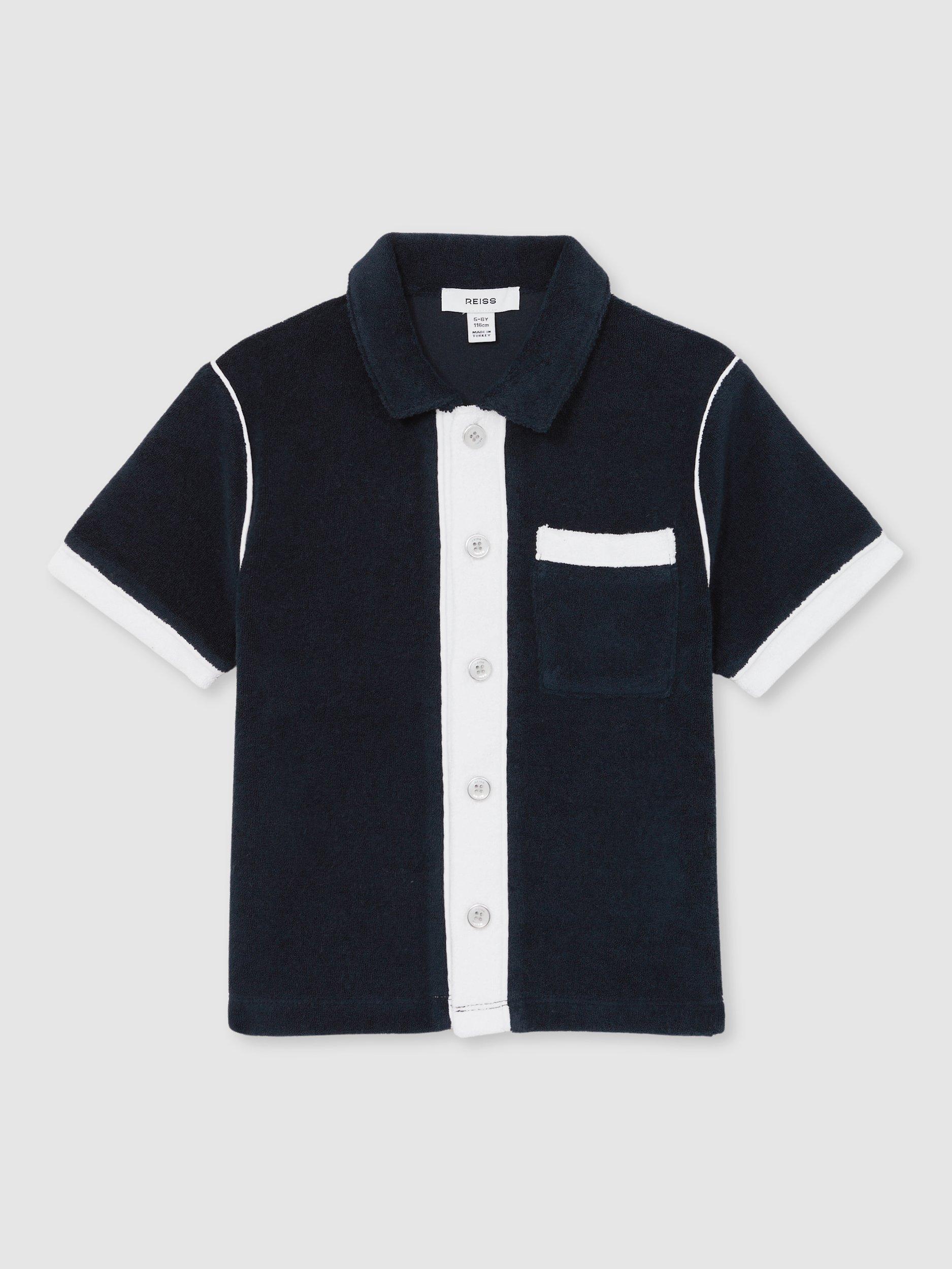 Product image 1 of 4, which shows Reiss Kids' Micah Velour Colour Block Shirt, Blue Multi, 4-5 years