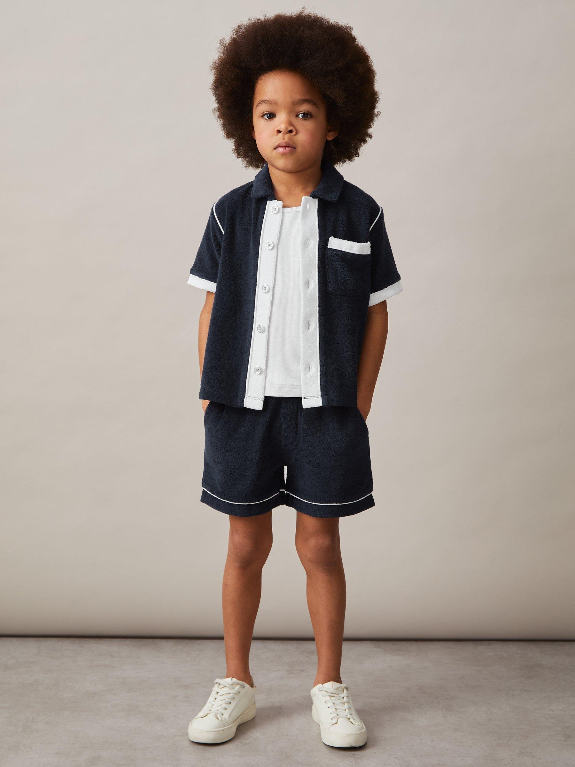 Product image 2 of 4, which shows Reiss Kids' Micah Velour Colour Block Shirt, Blue Multi, 4-5 years