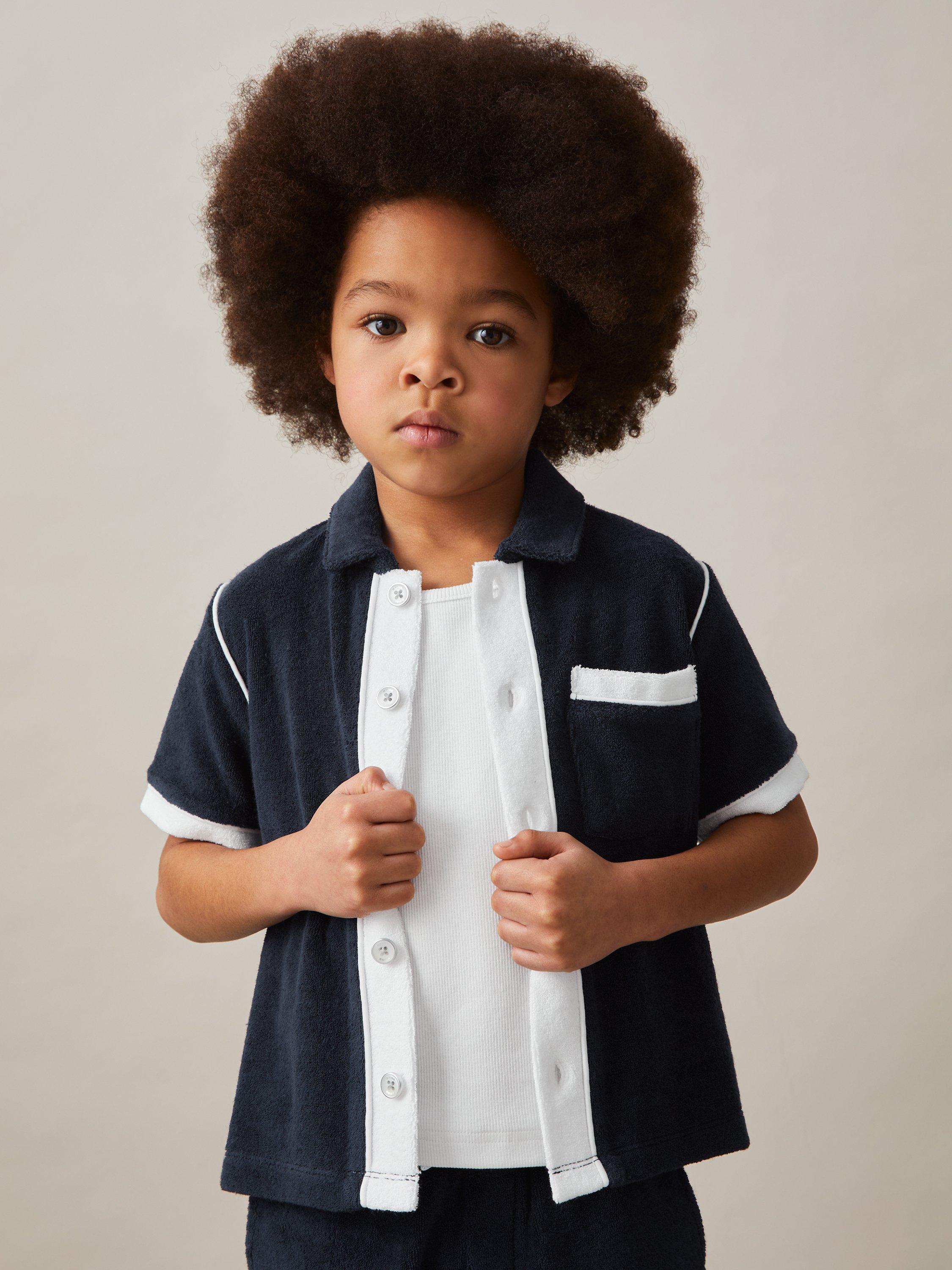 Product image 3 of 4, which shows Reiss Kids' Micah Velour Colour Block Shirt, Blue Multi, 4-5 years