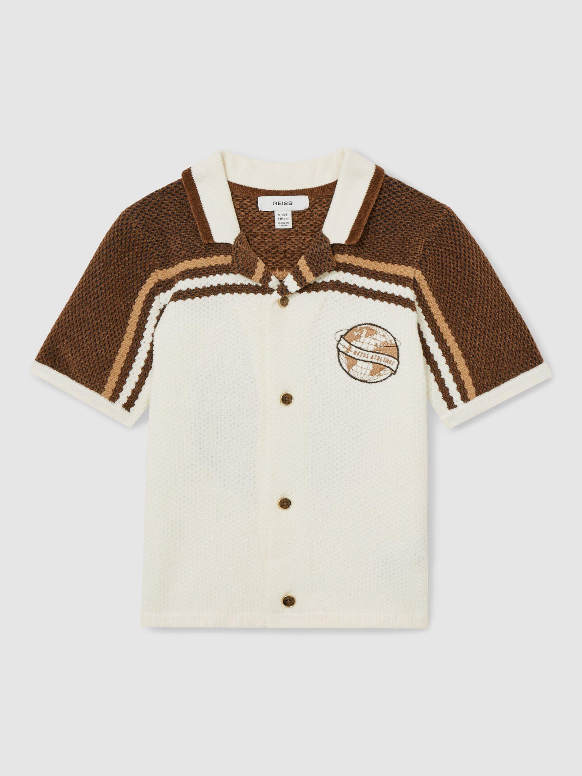 Product image 1 of 5, which shows Reiss Kids' Mitchell Globe Shirt, Br/Taupe/White, 4-5 years
