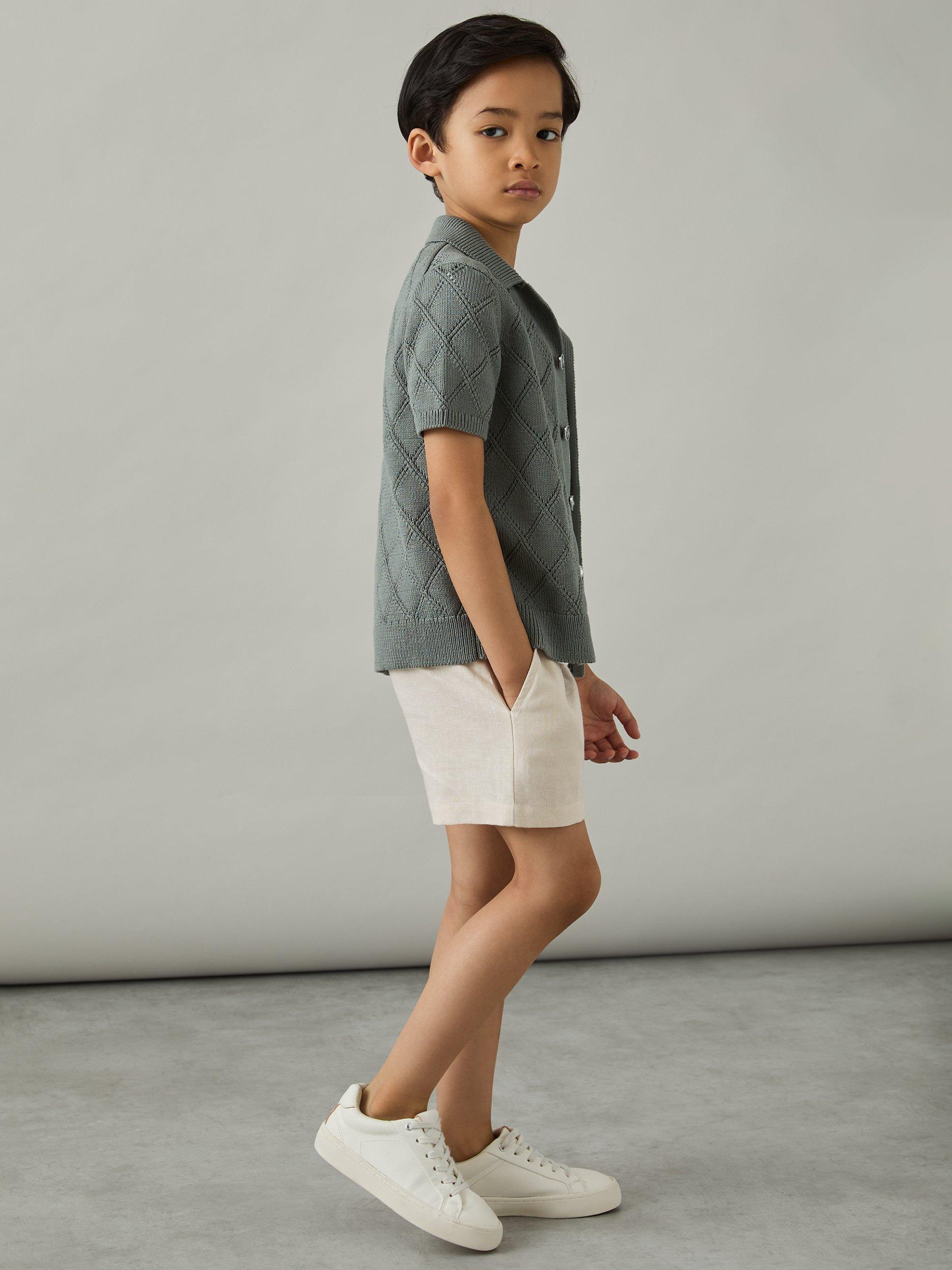 Product image 1 of 4, which shows Reiss Kids' Fraser Linen Blend Drawstring Shorts, Stone, 3-4 years