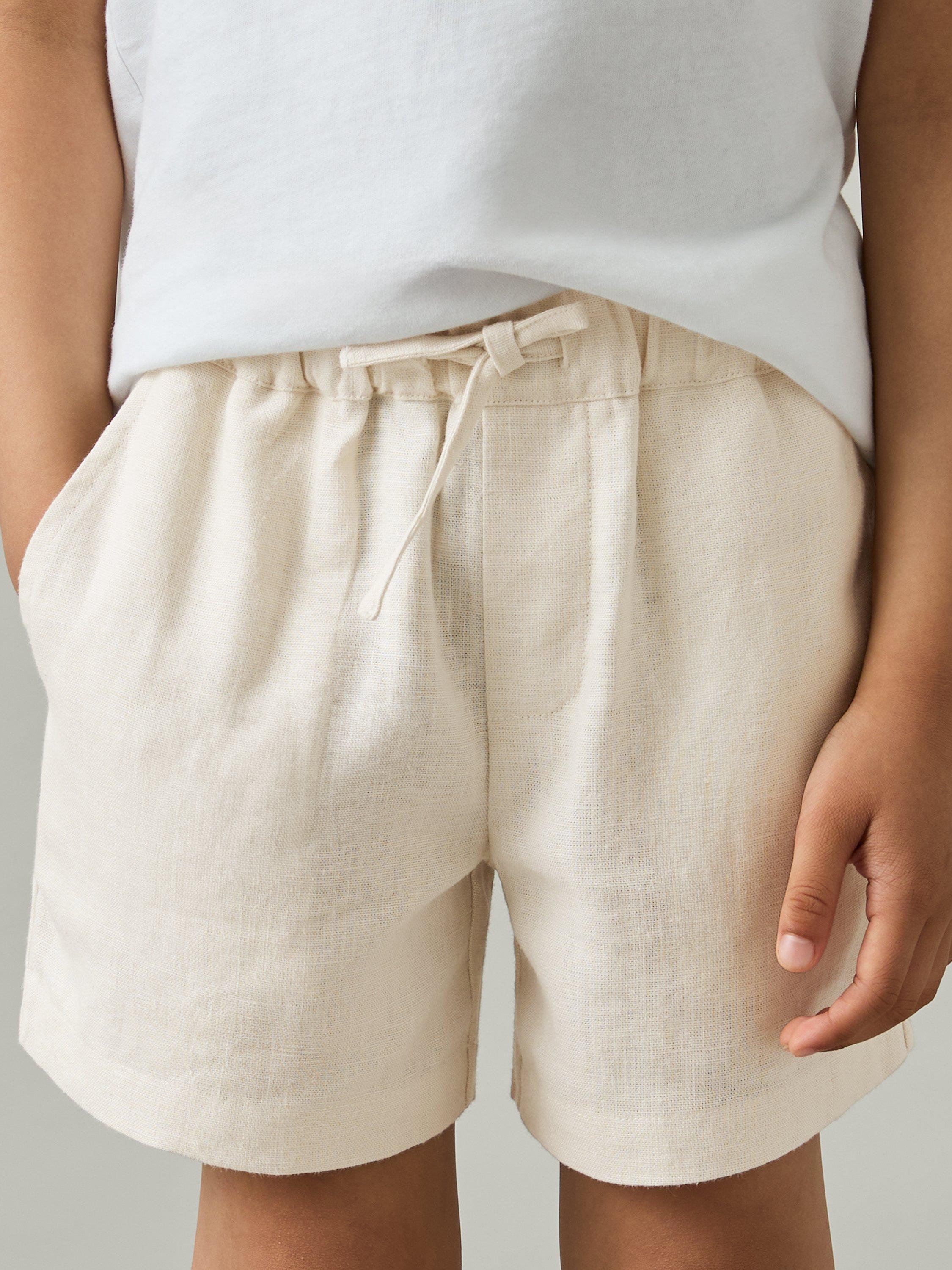 Product image 2 of 4, which shows Reiss Kids' Fraser Linen Blend Drawstring Shorts, Stone, 3-4 years
