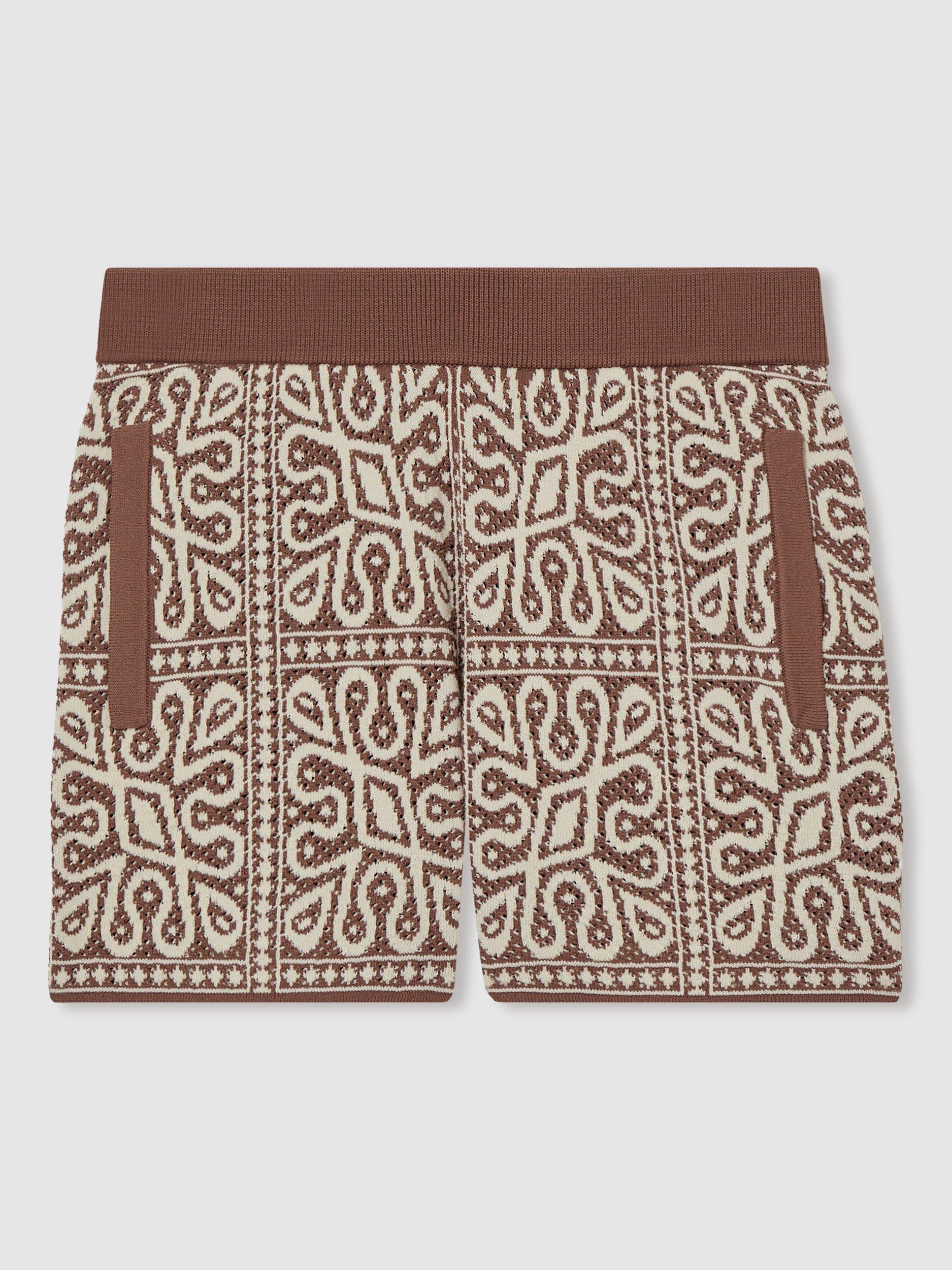 Product image 2 of 4, which shows Reiss Kids' Redhill Tile Print Knitted Shorts, Brown/Off White, 5-6 years