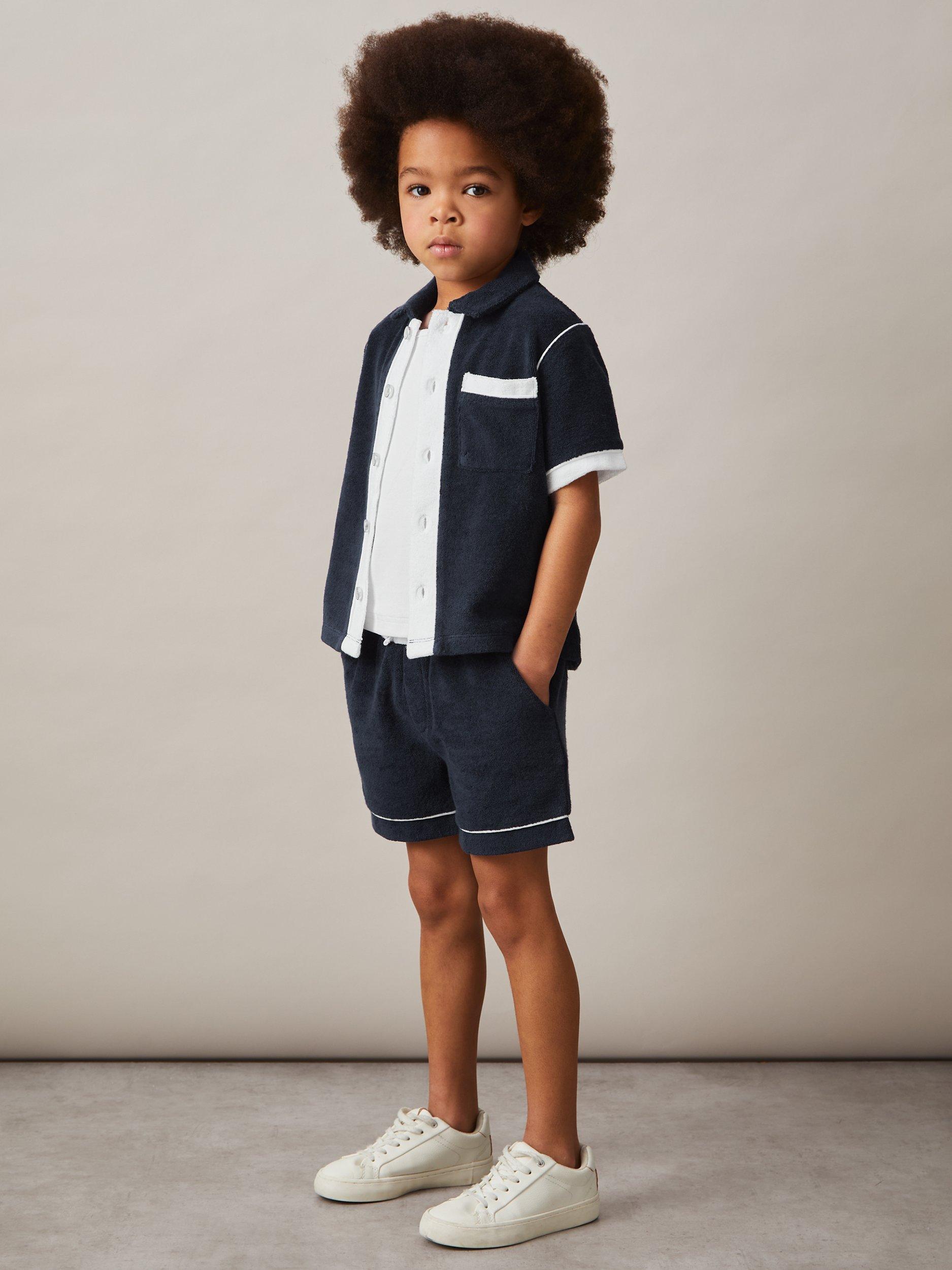Product image 2 of 4, which shows Reiss Kids' Selvio Velour Colour Block Shorts, Blue Multi, 11-12 years
